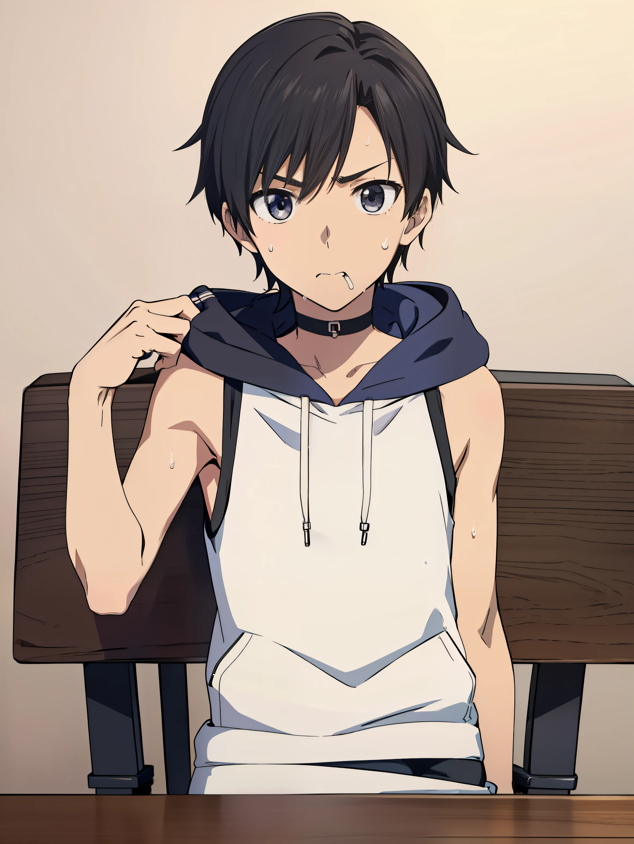 Highres, Masterpiece, Best quality at best,Best Quality,hight quality, hight detailed, Anime style, (), Body, Sleeveless hoodie, Side bangs, Seen from the front, Sitting in a chair, Hands on the table, Eating, Slim body, choker, Shy, sweat, Simple beckground, (very thin body), (very young y small and short body)