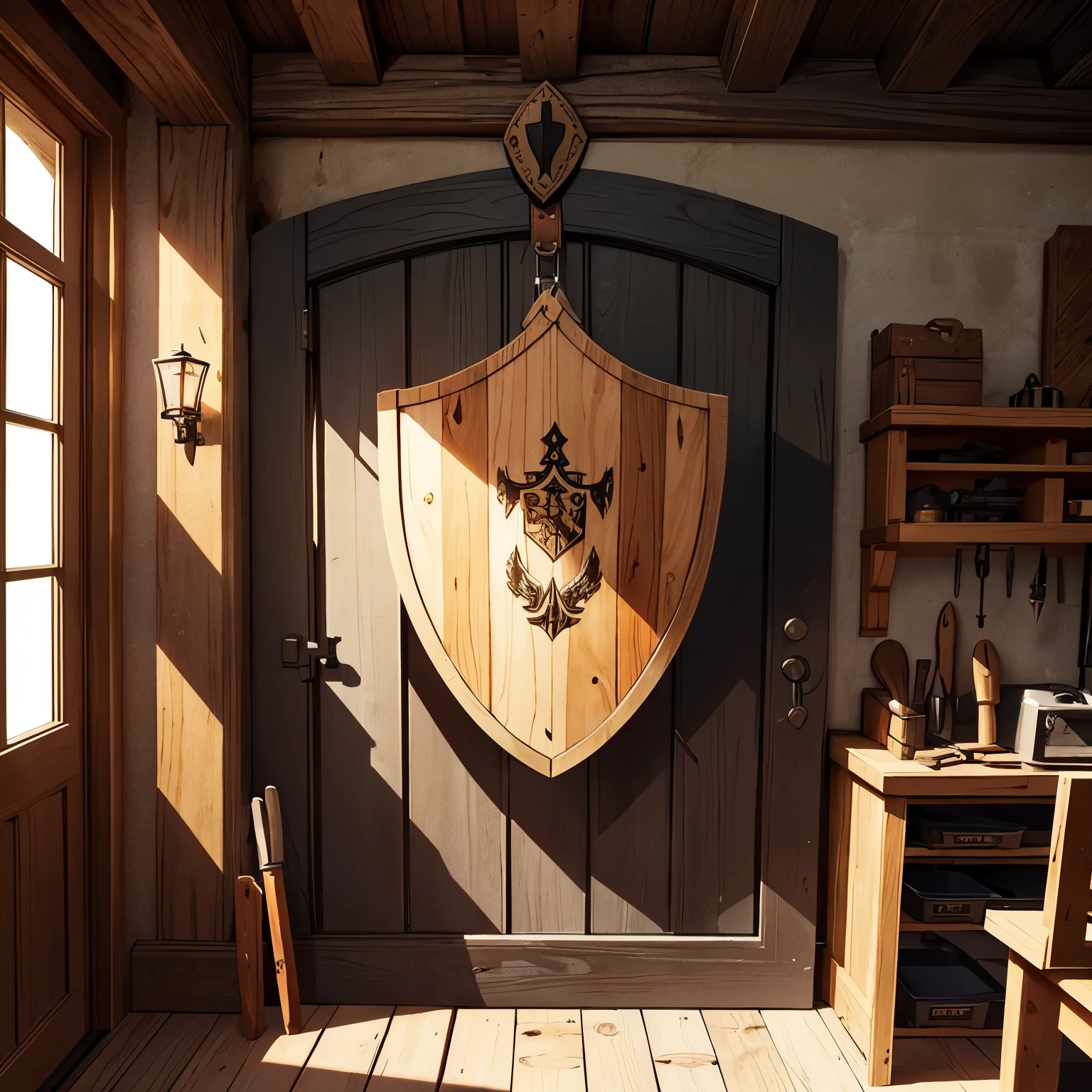 carpentry workshop emblem, made of dark wood and covered in leather.., in the form of a shield and a chisel, hanging on the wall, a hand saw and a hammer are attached to the shield