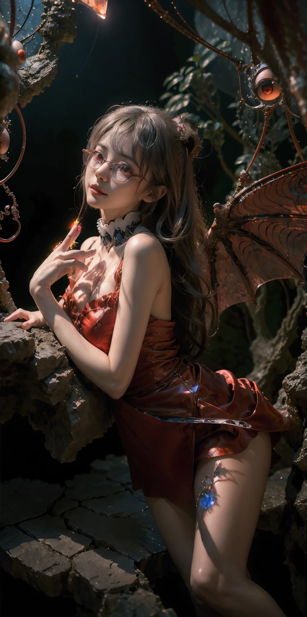 (The best illustrations)、realisitic、ultra-detailliert、The best lighting、Best Shadows、alluring succubus, ethereal beauty, perched on a cloud, (fantasy illustration:1.3), enchanting gaze, captivating pose, delicate wings, otherworldly charm, mystical sky, (Luis Royo:1.2), (Yoshitaka Amano:1.1), Dungeon and Dragon、caves、Dungeon、 A Necromancer、natta、Dark style、Succubus、Devil's Daughter、Bat Wings，(((Demon Hornlack-rimmed round glasses))))、(red eyes glowing:1.6)、​beautiful countenance、Tindall Effect、(High Detail Skins:1.2) absurderes、Ponytail distortion、jewely、Beautiful expression、Toned waist、Wide buttocks、Tindall Effectmasuter piece、top-quality、Highest Standards、Top image quality、masutepiece、intricate detailes、High resolution、Depth Field、natural soft light、profetional lighting、Great smile、(High Detail Skin: 1.2)、photorealistic anime girl render、Strong highlights of the eyes、Perfect Anatomy、crotch open、Shy、Spreading your legs、Panties are visible、Skirt flipping、Body shiny with oilerectile nipple))、8K resolution、intricate clothing、Intricate details、Panties visible through the skirt、Panties in full view、Small panties, pink nipple, pink pussy