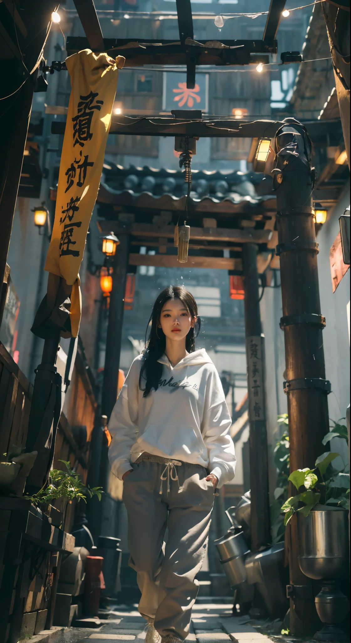 Best quality at best, Raw image, realistic texture, ((reflection)), steampunk city of Japanese, village of Japanese, japan gate, Chinese architecture, Japanese architecture, 1girl, eye focus, (girl focus), wear focus, sneaker focus, (relax pose), relax hand, black gradient white hair, epic dramatic cinematic tone, soft lighting, (( perfect female hair masterpiece)), (SLIM long PANTS), light black hair, 18-year-old face woman, detail of beautiful eye masterpiece, pores1.5,  detail skin masterpiece, realistic shadow, slender legs, very slender female physique, yellow jumper hoodie, oversize hoodie, cotton wearing masterpiece, realistic texture sneakers shoe, tall girl, brunette black hair, Chinese woman, Live the life of Riley, ((long solid cotton trousers)), clear sky, cyberpunk backpack, (youth sneaker shoe), ((Depth of field super bokeh)), reflection, lighting from side masterpiece, dramatic side lighting, Background blur, mystical dark Japanese steampunk city neon glow light portal, light ray realistic masterpiece, warm sun light, warm ray light, glow light, random light color for the best combination, (best texture masterpiece (texture girl cotton wearing, realistic alleyway, realistic brick walls, realistic doors, realistic windows, realistic ground texture, realistic cobblestone, realistic paved ground, realistic street lights, realistic neon signs, realistic beverage cans, realistic bottles, realistic posters, realistic graffiti, realistic drain pipes, realistic wiring, realistic sky, realistic rooftop, realistic plants, realistic weeds, realistic parked bicycles, realistic wood material, realistic puddles, realistic wet)), vivid color, vivid glow color masterpiece, slim cotton trousers, youth hoodie, super cotton wearing, beauti face, ((random best contrast setting)), japan gate, japan wood pillar, ((Japanese building)), cyberpunk city, realistic water, water in the ground, wet in the ground, (ultra wall texture),((vivid color)),