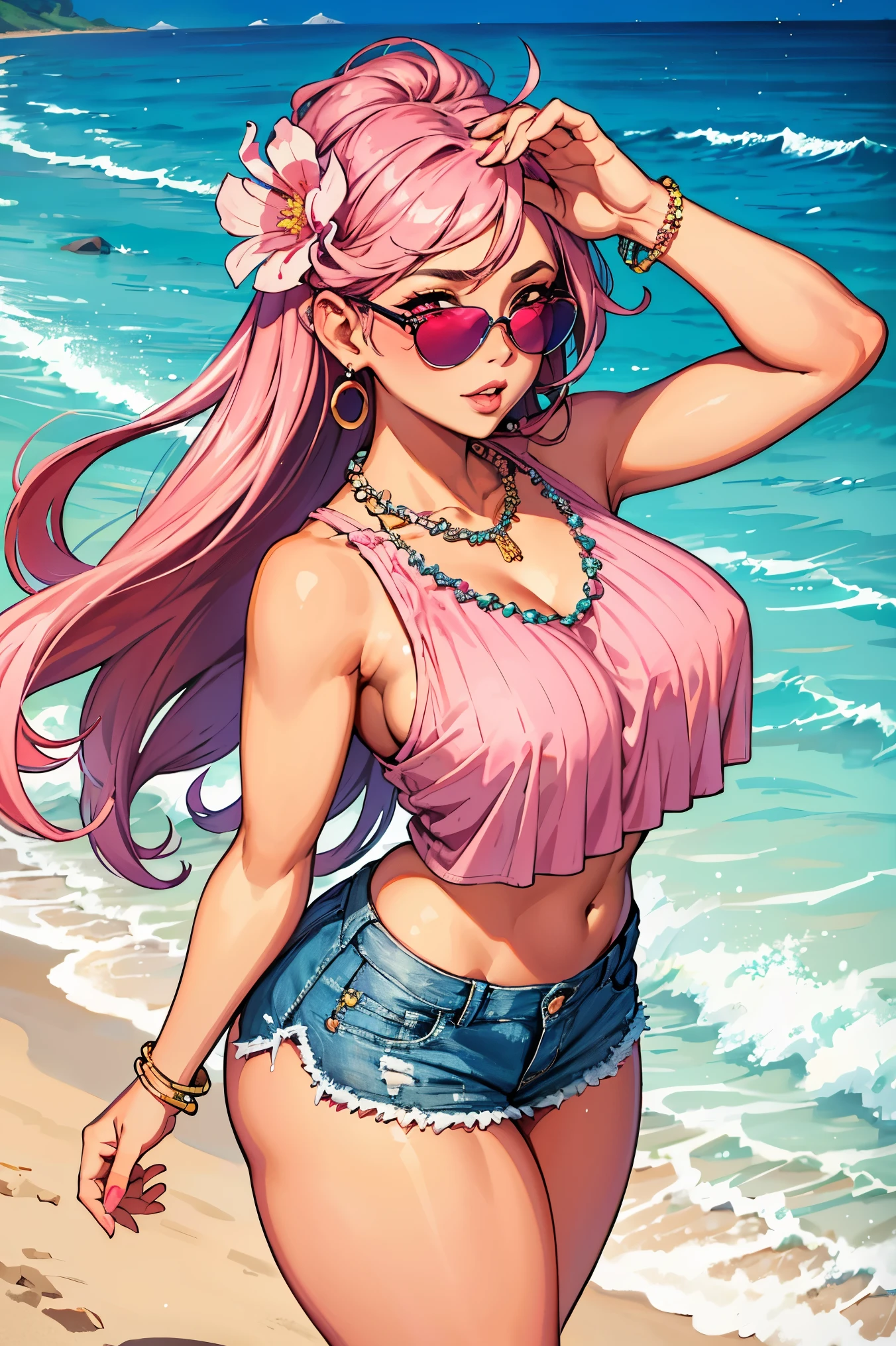 Best quality, solo mature woman, medium breasts,  ass, very curvy, tanned skin, middle parted hair with curled ends, sea pink eyes, full lips, seductive, sea pink sunglasses, rhinestone beaded singlet, pleated denim skirt, flower earrings, flower necklace,  thighs, curvy physique