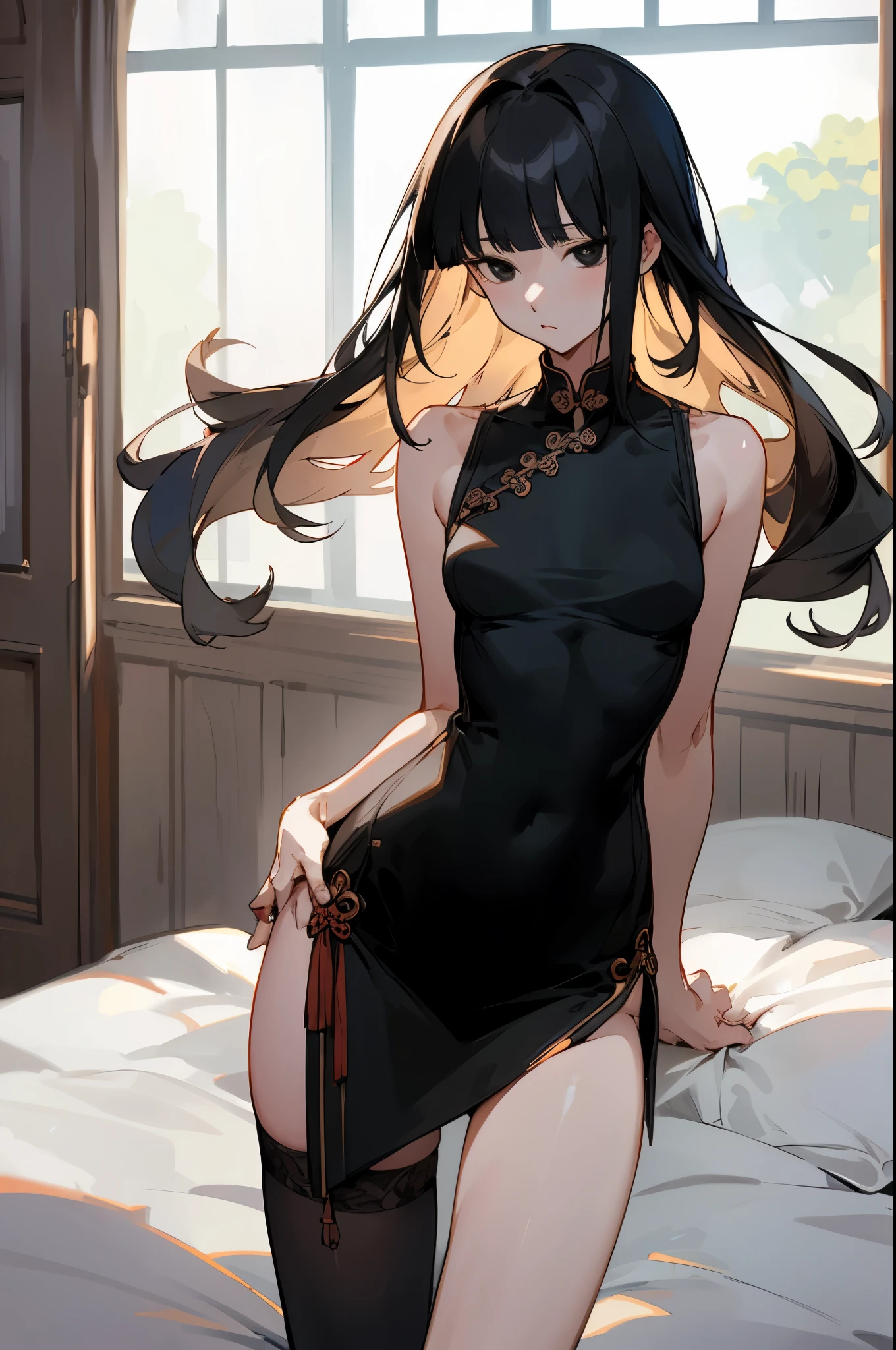 masterpiece, best quality、Perfect Anatomy, 1woman,solo,cowboy shot,20 year old beauty,black hair,long hair,blunt bangs,black eyes ,slender body,ideal ratio body proportions,medium breasts,short black cheongsam dress、sleeveless、deep slit,thigh_gap, black_thighhighs,standing,simple bedroom、indoor lighting、simple hotel、