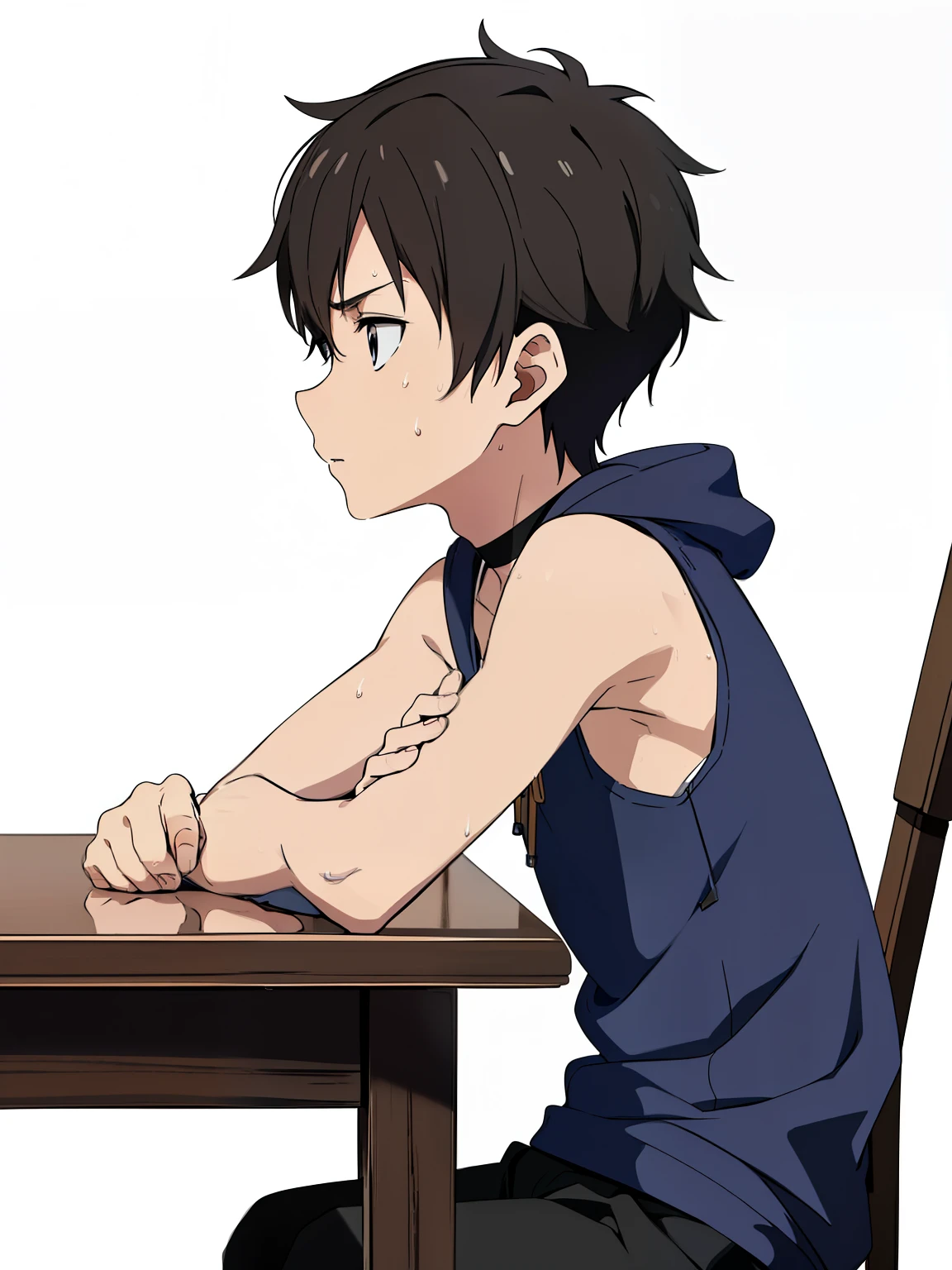 Highres, Masterpiece, Best quality at best,Best Quality,hight quality, hight detailed, Anime style, (), Body, Sleeveless hoodie, seen from the side, Sitting in a chair, Hands on the table, Study, Slim body, choker, Shy, sweat, Simple beckground, (very thin body), (very young y small and short body)