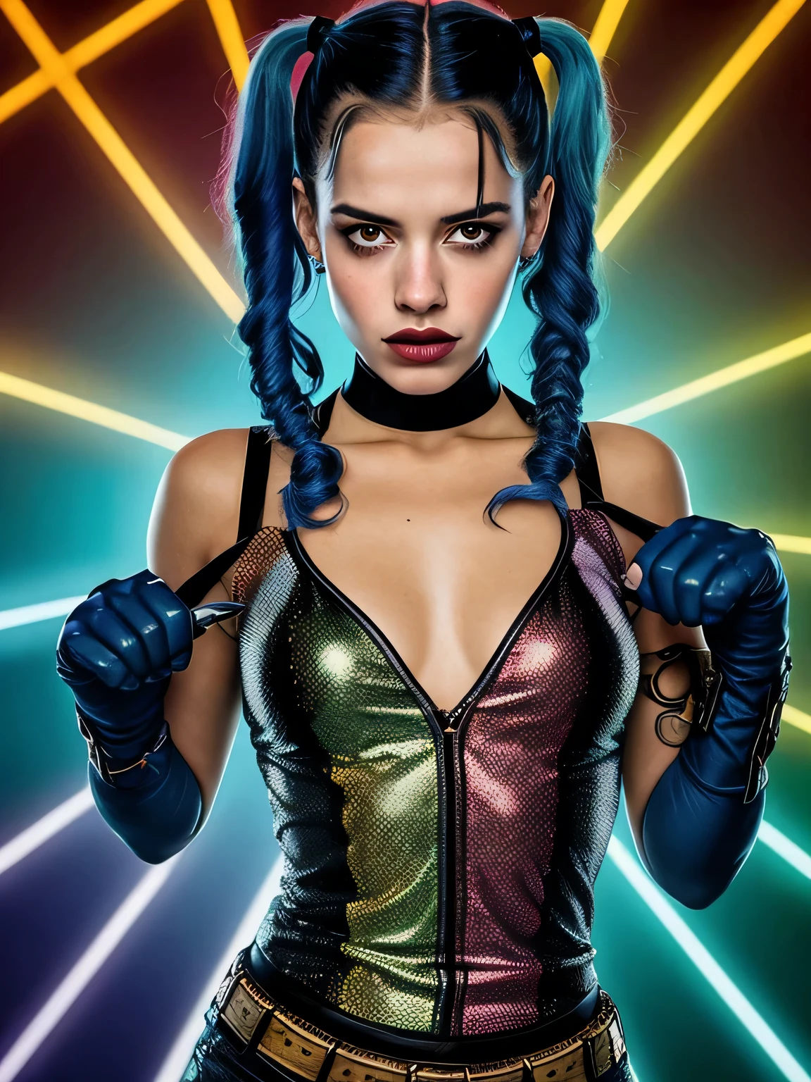 Retrato de Jenna Ortega loira linda (with red and blue suicide squad makeup) linda de 16 anos brava, nervosa, bad girl, petit teen, Serious, malvada, brava, irritada, cara de mau, bela brasileira, in sensual position, em um vestido de couro preto sensual, using black gloves on hands, hands at chin height, she stretches her hand high, She raises her hands above her head in celebration, bunda grande perfeita, nua, coxas grossas e fortes, with braided hair beautiful eyes, olhos azuis brilhantes, olhar sensual,  pele extremamente detalhada, pele com sardas, bota de salto alto brilhante, calcinha transparente, usando top curta brilhante, em sala fechada, She is in a private environment with a wall with black metal tiles, ( discoteca escura,  luz escura e neon, mal-humorada: 1.2), (foto de corpo inteiro).