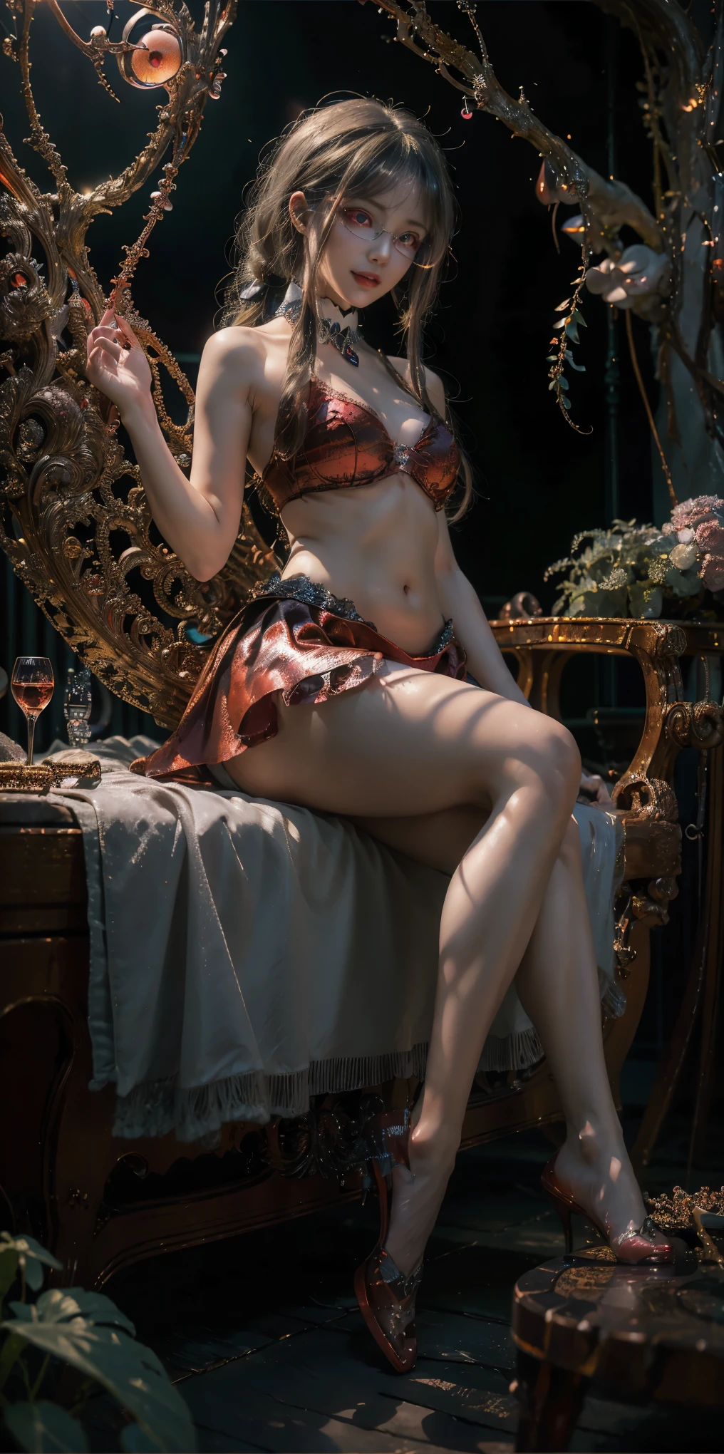 (The best illustrations)、realisitic、ultra-detailliert、The best lighting、Best Shadows、alluring succubus, ethereal beauty, perched on a cloud, (fantasy illustration:1.3), enchanting gaze, captivating pose, delicate wings, otherworldly charm, mystical sky, (Luis Royo:1.2), (Yoshitaka Amano:1.1), Dungeon and Dragon、caves、Dungeon、 A Necromancer、natta、Dark style、Succubus、Devil's Daughter、Bat Wings,(((Demon Hornlack-rimmed round glasses))))、(red eyes glowing:1.6)、beautiful countenance、Tindall Effect、(High Detail Skins:1.2) absurderes、Ponytail distortion、jewely、Beautiful expression、Toned waist、Wide buttocks、Tindall Effectmasuter piece、top-quality、Highest Standards、Top image quality、masutepiece、intricate detailes、High resolution、Depth Field、natural soft light、profetional lighting、Great smile、(High Detail Skin: 1.2)、photorealistic anime girl render、Strong highlights of the eyes、Perfect Anatomy、crotch open、Shy、Spreading your legs、Panties are visible、Skirt flipping、Body shiny with oilerectile nipple))、8K resolution、intricate clothing、Intricate details、Panties visible through the skirt、Panties in full view、Small panties, pink nipple, pink pussy