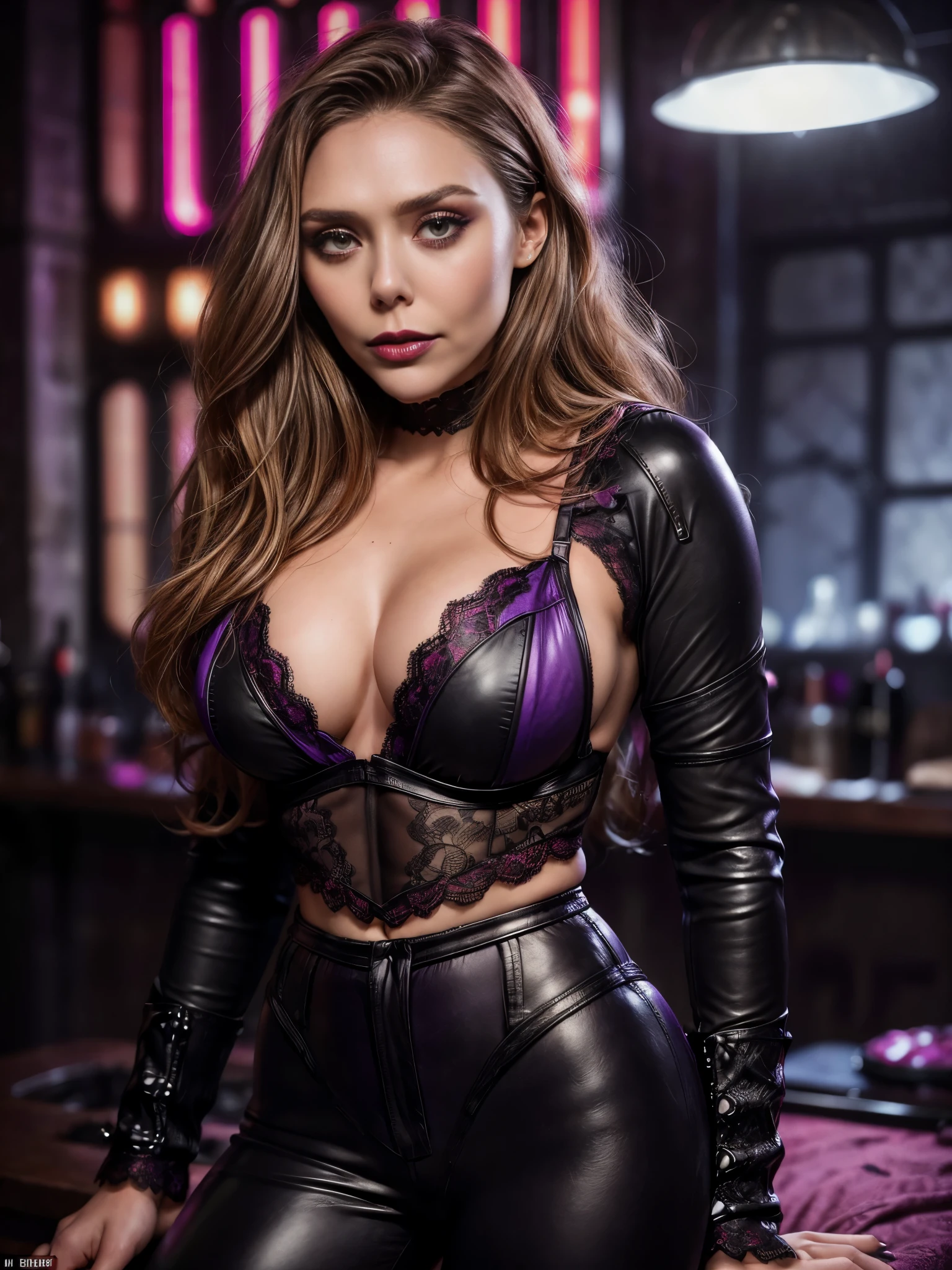 midbody photo of arafed woman (Elizabeth Olsen), long wavy hair, bright red lipstick, (makeup:1.3), beautiful bright realistic eyes, detailed skin texture, natural breasts (cleavage), She looks amazing, Gothic style. (purple and black low-cut lace lingerie with leather pants:1.2), cyberpunk basement background, dark and gloomy, neon lights