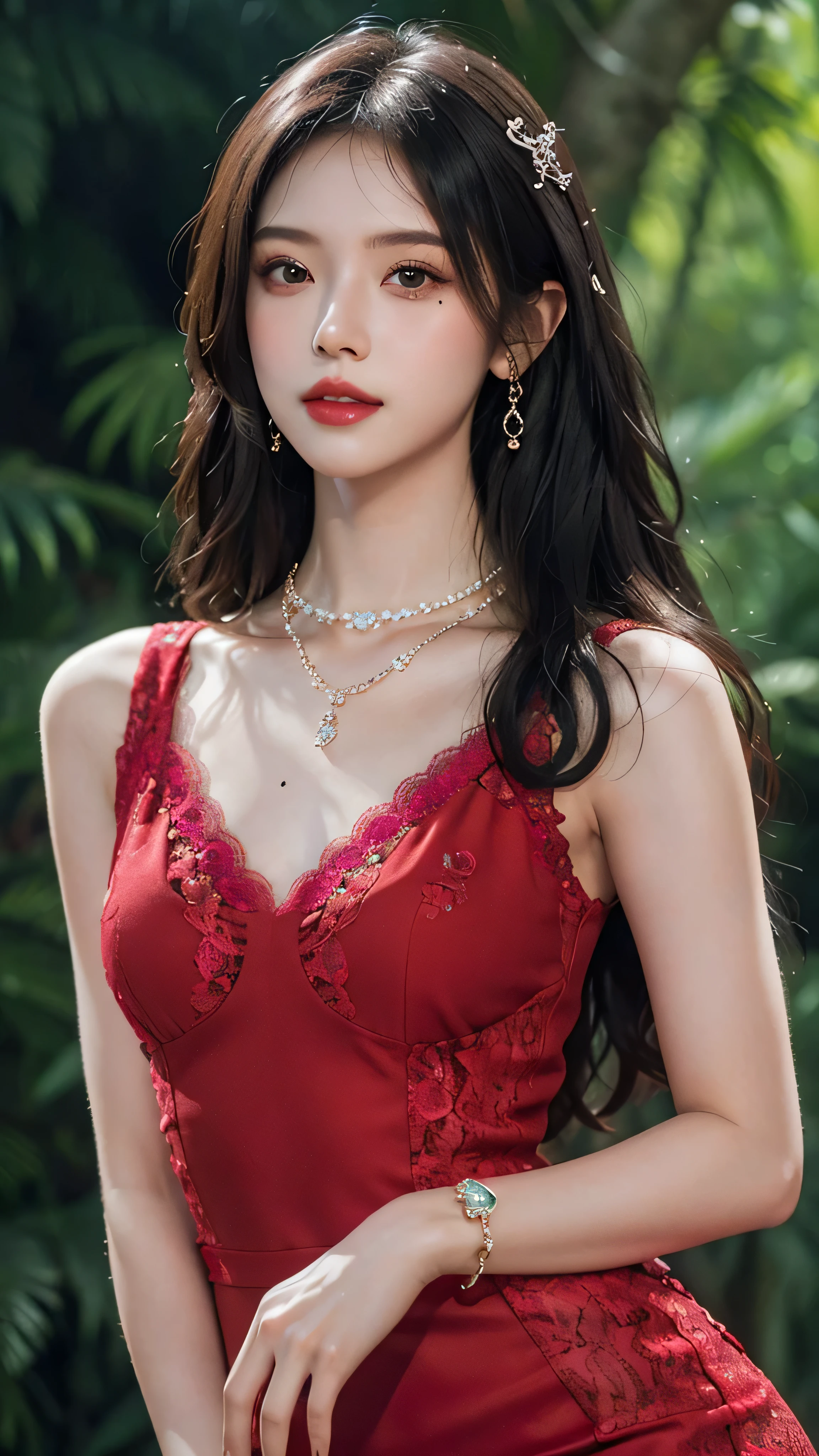 8k, masterpiece, 1 girl, beautiful face, white skin, very long hair, light makeup, detailed eyes, detailed lips, small breasts tight, realistic detailed, very detailed dress, princess dress, (red dress:1.2), (wearing jewellery:1.5), (lace:1.4), at the stage background, attractive poses,forest background, green background