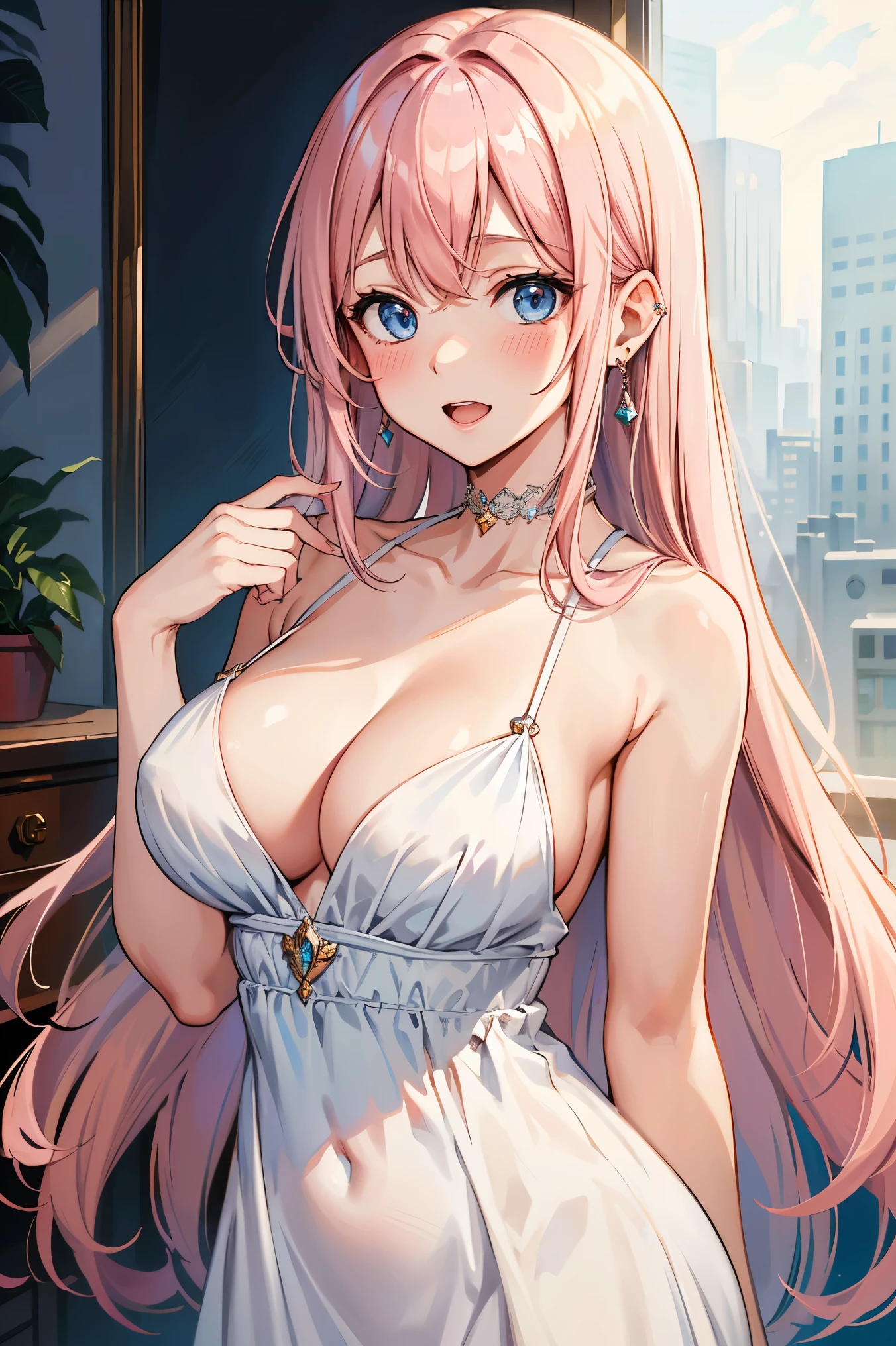 synecdoche, masterpiece, best quality, 1girl, vinhi gala dress, large breasts, blush, pink hair, bangs, open mouth, , solo, looking at the viewer, collarbone, blue eyes, swept bangs, earrings, bare shoulders, smile, neckline, jewelry, sky, long hair, loose hair