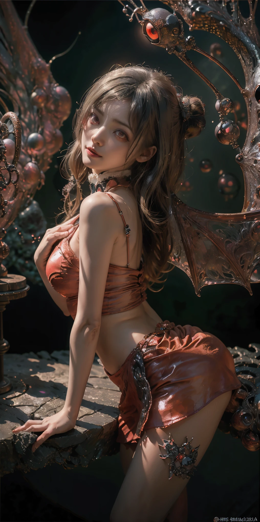 (The best illustrations)、realisitic、ultra-detailliert、The best lighting、Best Shadows、alluring succubus, ethereal beauty, perched on a cloud, (fantasy illustration:1.3), enchanting gaze, captivating pose, delicate wings, otherworldly charm, mystical sky, (Luis Royo:1.2), (Yoshitaka Amano:1.1), Dungeon and Dragon、caves、Dungeon、 A Necromancer、natta、Dark style、Succubus、Devil's Daughter、Bat Wings,(((Demon Hornlack-rimmed round glasses))))、(red eyes glowing:1.6)、beautiful countenance、Tindall Effect、(High Detail Skins:1.2) absurderes、Ponytail distortion、jewely、Beautiful expression、Toned waist、Wide buttocks、Tindall Effectmasuter piece、top-quality、Highest Standards、Top image quality、masutepiece、intricate detailes、High resolution、Depth Field、natural soft light、profetional lighting、Great smile、(High Detail Skin: 1.2)、photorealistic anime girl render、Strong highlights of the eyes、Perfect Anatomy、crotch open、Shy、Spreading your legs、Panties are visible、Skirt flipping、Body shiny with oilerectile nipple))、8K resolution、intricate clothing、Intricate details、Panties visible through the skirt、Panties in full view、Small panties, pink nipple, pink pussy