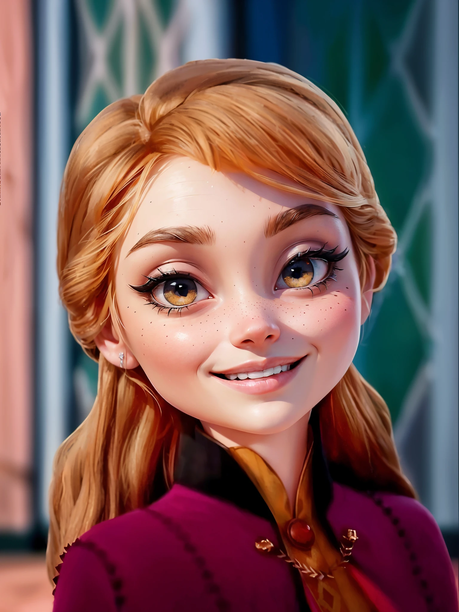 a close up of a person with a very big smile on their face, portrait of elsa of arendelle, elsa, olya bossak, frozen klaus film, disney character, frozen, beautiful elsa, elsa frozen, frozen ii klaus film, frozen ii movie still, anna, portrait of elsa from frozen, movie character, disney character style, closeup portrait shot, 8k portrait, detailed intricate fabric texture, (charcoal black theme:1.3), spiral patterns, body freckles, bright, high quality image, masterpiece, detailed hair texture, detailed skin texture, detailed cloth texture, 8k, add fabric details, ultra detailed skin texture, ultra detailed photo, skin pores, cloth details, high skin details, realistic hair details, (8K, RAW photo, best quality, masterpiece:1.2), (realistic, photo-realistic:1.4), ultra-detailed (grainy:0.2)