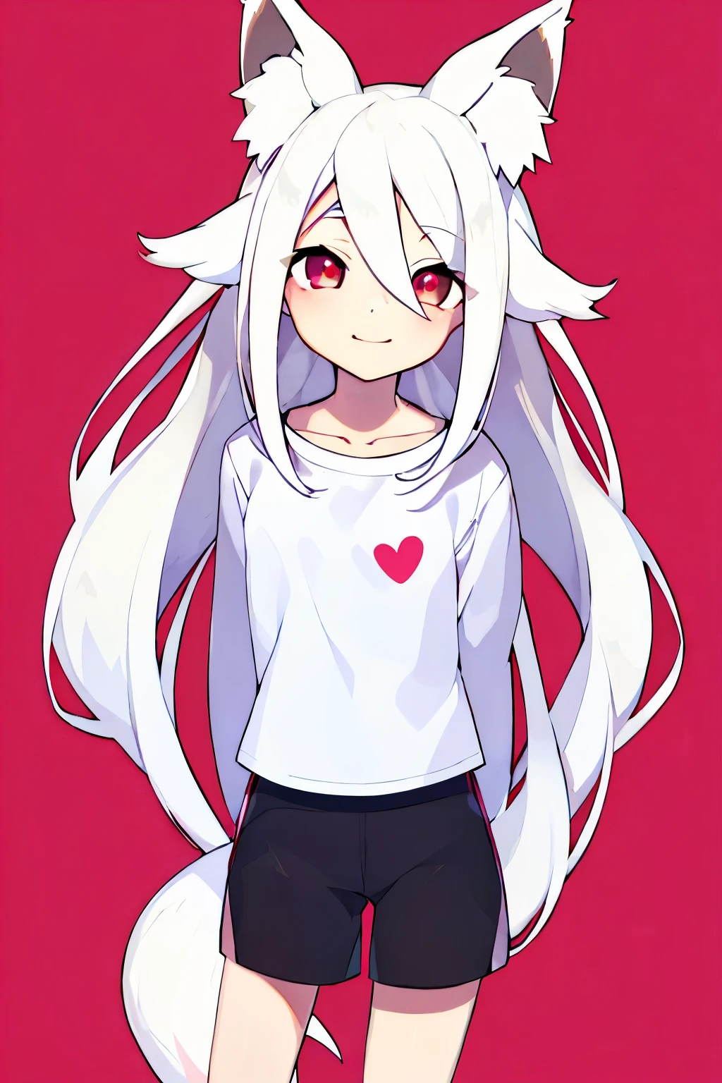 masterpiece,best quality,1girl,solo,long_hair,looking_at_viewer,smile,black shorts,simple_background,shirt,white_hair,long_sleeves,long hair,red_eyes,heart-shaped_pupils,green_background,pink_shirt,arms behind back,closed mouth,fox ears,small