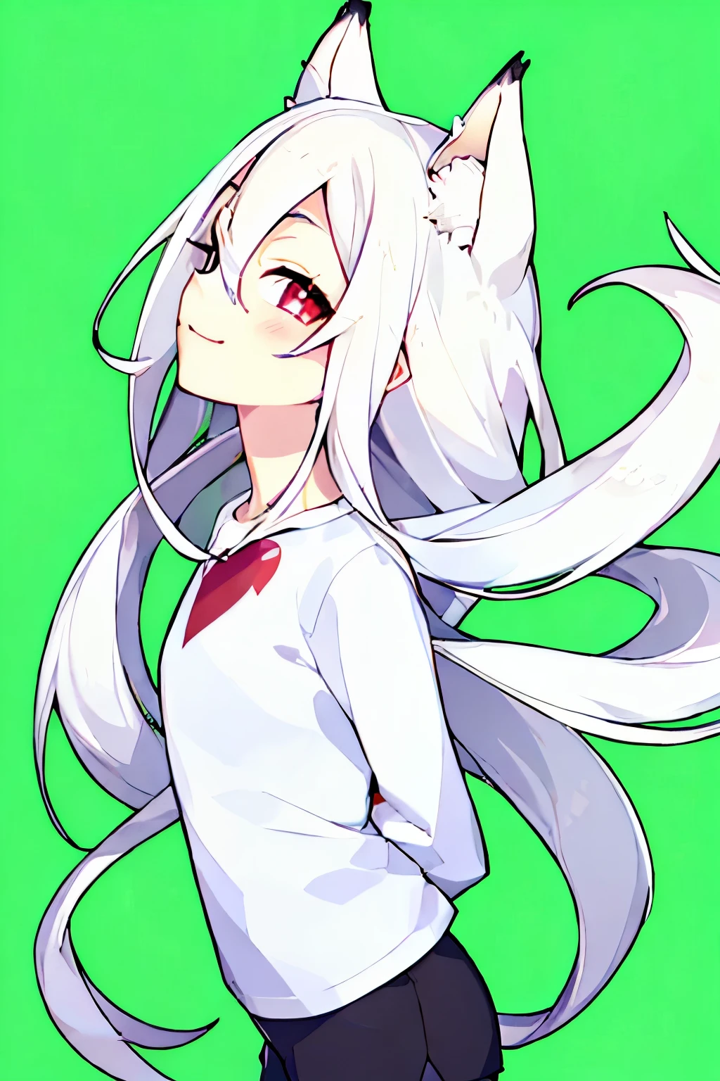 masterpiece,best quality,1girl,solo,long_hair,looking_at_viewer,smile,black shorts,simple_background,shirt,white_hair,long_sleeves,long hair,red_eyes,heart-shaped_pupils,green_background,pink_shirt,arms behind back,closed mouth,fox ears,small