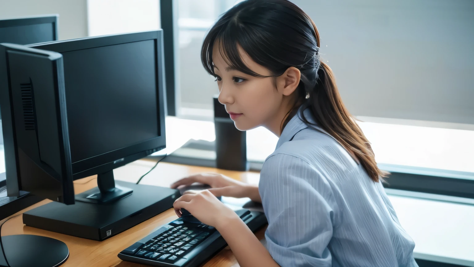 a cute office lady is programming, typing keyboard, watch PC screen, pony tail