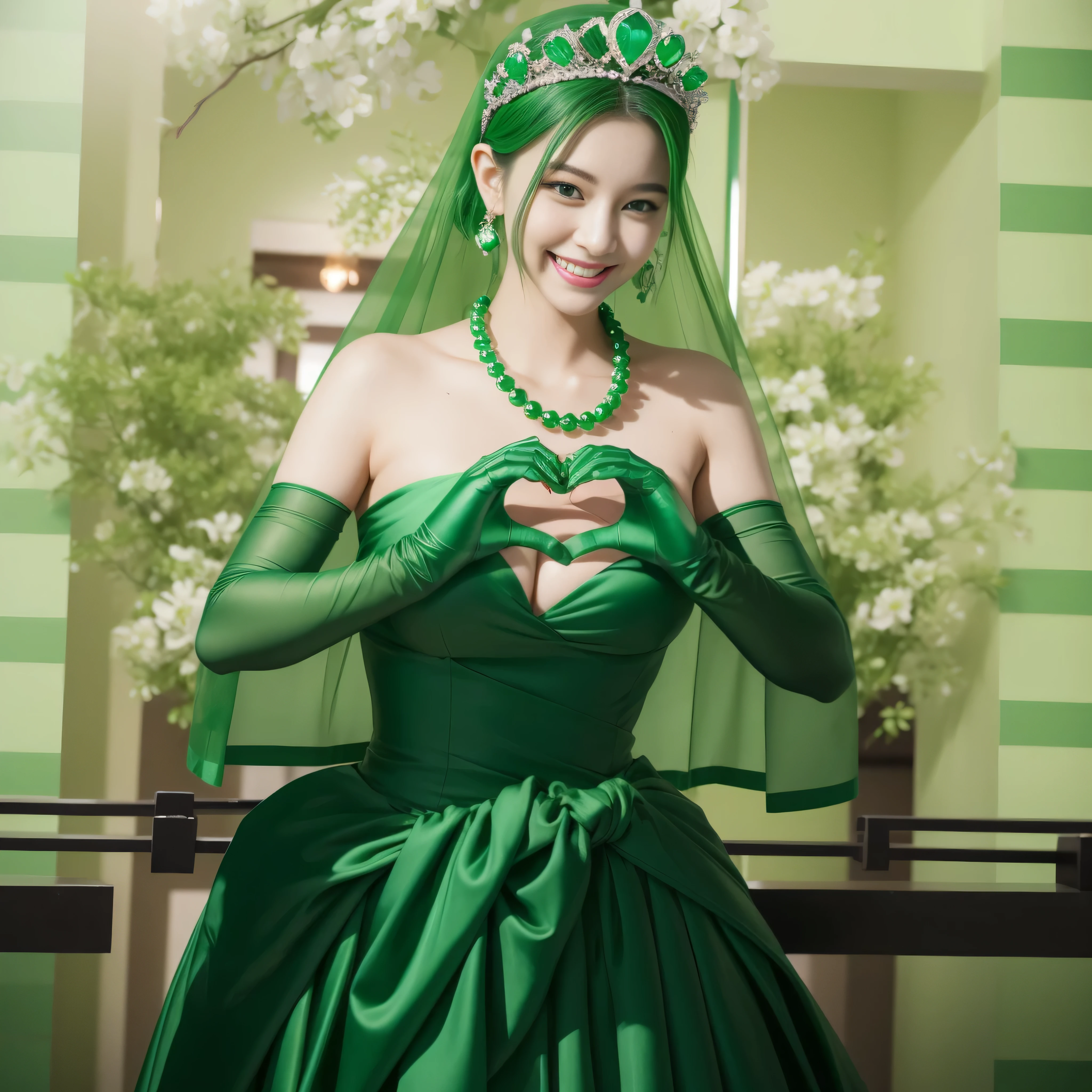 emerald tiara, green pearl necklace, ボーイッシュな非常に短いgreen hair, green lips, smiling Japanese woman, very short hair,  Beauty with large breasts, green eyes, Long Green Satin Gloves, green eyes, emerald earrings, green veil, heart with both hands, green hair, beautiful japanese woman, heart shaped hands:1.3, green lip gloss