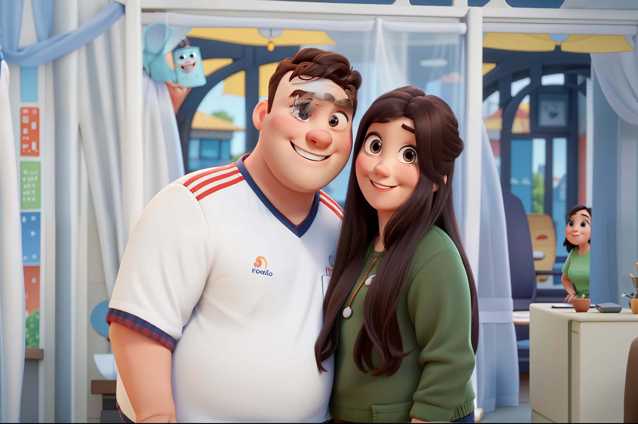 pixar style couple of chubby man smiling and thin woman smiling with dark hair and eyes and a park as background 