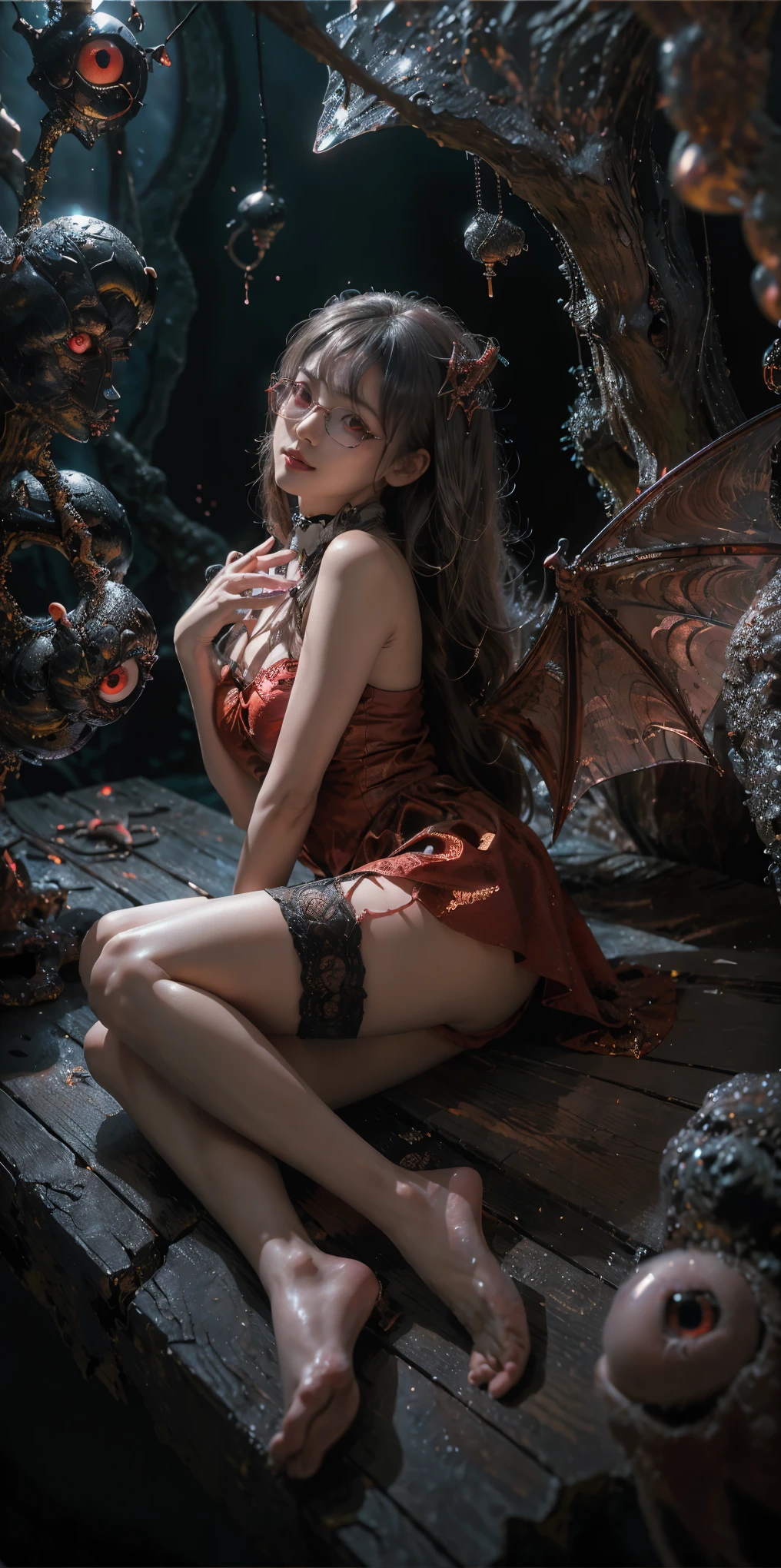(The best illustrations)、realisitic、ultra-detailliert、The best lighting、Best Shadows、alluring succubus, ethereal beauty, perched on a cloud, (fantasy illustration:1.3), enchanting gaze, captivating pose, delicate wings, otherworldly charm, mystical sky, (Luis Royo:1.2), (Yoshitaka Amano:1.1), Dungeon and Dragon、caves、Dungeon、 A Necromancer、natta、Dark style、Succubus、Devil's Daughter、Bat Wings,(((Demon Hornlack-rimmed round glasses))))、(red eyes glowing:1.6)、beautiful countenance、Tindall Effect、(High Detail Skins:1.2) absurderes、Ponytail distortion、jewely、Beautiful expression、Toned waist、Wide buttocks、Tindall Effectmasuter piece、top-quality、Highest Standards、Top image quality、masutepiece、intricate detailes、High resolution、Depth Field、natural soft light、profetional lighting、Great smile、(High Detail Skin: 1.2)、photorealistic anime girl render、Strong highlights of the eyes、Perfect Anatomy、crotch open、Shy、Spreading your legs、Panties are visible、Skirt flipping、Body shiny with oilerectile nipple))、8K resolution、intricate clothing、Intricate details、Panties visible through the skirt、Panties in full view、Small panties, pink nipple, pink pussy