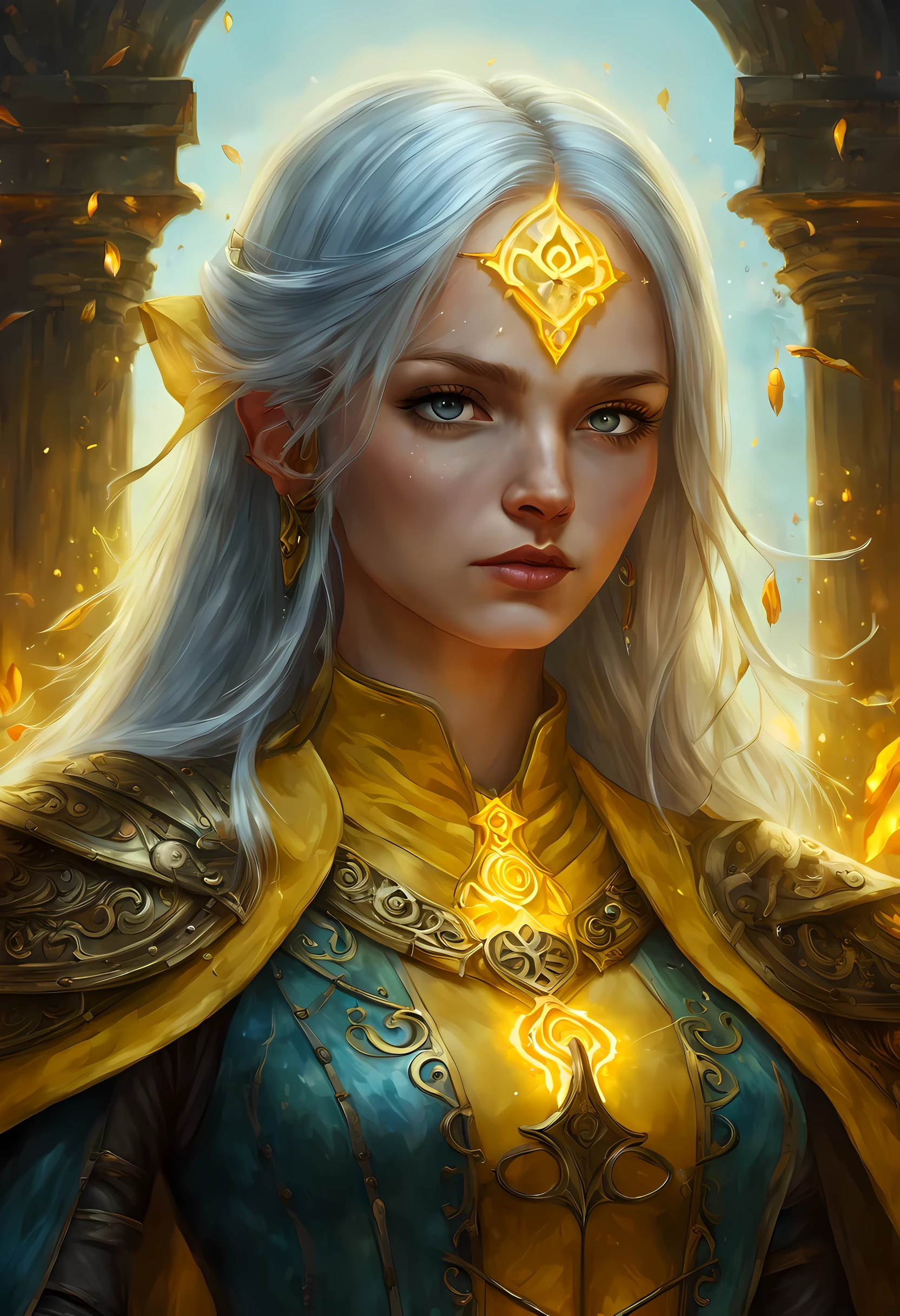 fantasy art, dnd art, RPG art, wide shot, (masterpiece: 1.4) a (portrait: 1.3) intense details, highly detailed, photorealistic, best quality, highres, GlowingRunesAI_yellow, portrait a female (fantasy art, Masterpiece, best quality: 1.3) , blue skasy art, Masterpiece, best quality: 1.3), intense details facial details, exquisite beauty, (fantasy art, Masterpiece, best quality) cleric, (blue: 1.3) skinned female, (white hair: 1.3), long hair, intense (green: 1.3) eye, fantasy art, Masterpiece, best quality) armed a fiery sword red fire, wearing heavy (white: 1.3) half plate mail armor, wearing high heeled laced boots, wearing an(orange :1.3) cloak, wearing glowing holy symbol GlowingRunes_yellow, within fantasy temple background, reflection light, high details, best quality, 16k, [ultra detailed], masterpiece, best quality, (extremely detailed), close up, ultra wide shot, photorealistic, RAW, fantasy art, dnd art, fantasy art, realistic art,((best quality)), ((masterpiece)), (detailed), perfect face, ((no ears: 1.6))