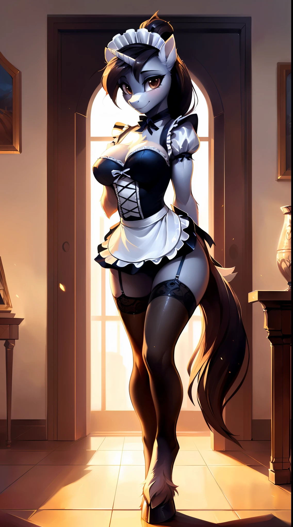uploaded to e621, from Bayard Wu, Thomas Benjamin Kennington, from Einshelm, solo antro, ((portrait)), ((Wear a maid uniform)), maid, maid uniform, Frenchmaid, French, (White and black underwear), (lace stockings, tights for adults), (detailed lighting of Bonifasco), (detailed fur), (Detailed skin), (cinematic lighting), ((detailed information, Hotel VIP room, modern style)), (half body shadow), [diffused light on the belly], [explicit content], [Sharp Focus], (shaded), ((masterpiece), Brown eyes, (long hair, lock of hair), (Dark hair), medium breasts, pectoral muscles, fluffy pony, MLP, My little pony, gray skin, (fluffy мех), fluffy tights, fluffy breasts, furry fantasy art, antro art, high resolution commission, fluffy art, furry art in first person, Sakimichan is beautiful, masterpiece, Best quality, detailed depiction, dark colors, Detailed face, perfect lighting, Perfect shadows, Perfect eyes, focus on the girl, gorgeous body, Hourglass body, legs focus (hooves in pantyhose), fluffy, fluffy girl, body fur, pony face, playful look, half-closed eyes, 1 girl, whole body, detailed fur, Balanced coloring, ((Long mane, ponytail)), fluffy, antro, (attractive body), Looking at the viewer, Seductive look, seductive pose, Perfect legs, (offering a service)