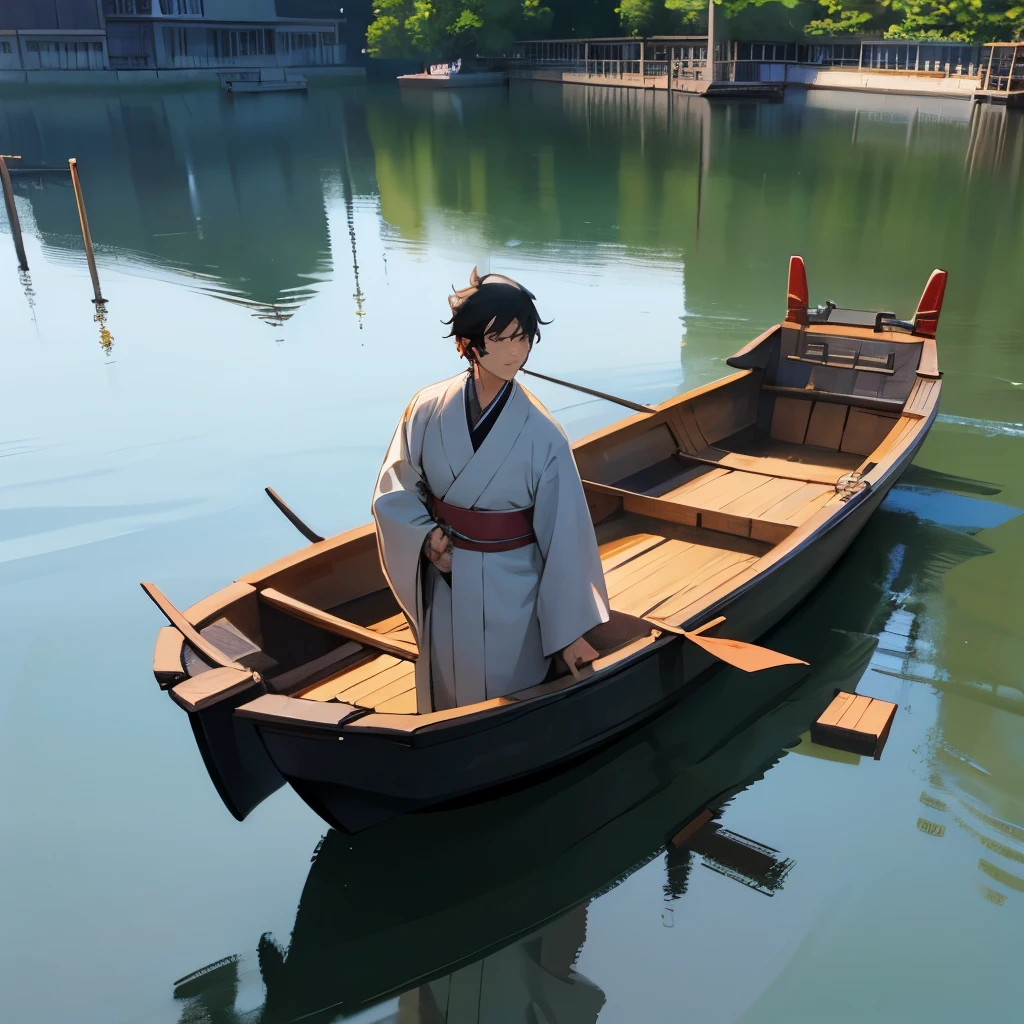 man wearing kimono、black hair、cartoon style、anime style 、3d、A man who appears in comics、on a small boat、Japanese historical buildings