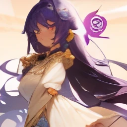 Genshin Impact character, 1girl, ((dark tan skin)), (very long purple hair), loose hair, two pigtails, hair ornament, bangs, orange eyes, lips, closed mouth, small breast, jewelry, necklace, golden bracelets, golden earrings, golden hairpin, middle east dress, layered sleeves, long sleeves, upper body, (archaeologist), ((desert style)), (fantasy style)