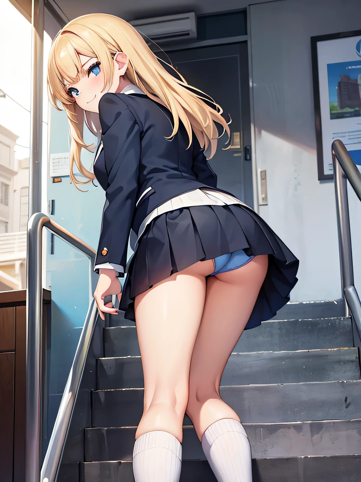 (1) Composition looking from below at a woman climbing the stairs.
(2) women&#39;s skirts are short、Blue lace panties are almost visible.
(3) That woman is a high school student, She is wearing a uniform of a blazer, miniskirt, and loose socks..
(4) woman has long blonde hair.
(5) The woman&#39;s expression is looking back with a grin on her face..
(6) Women wear gal makeup because they are gals..
(7) The location is the stairs of the station.　