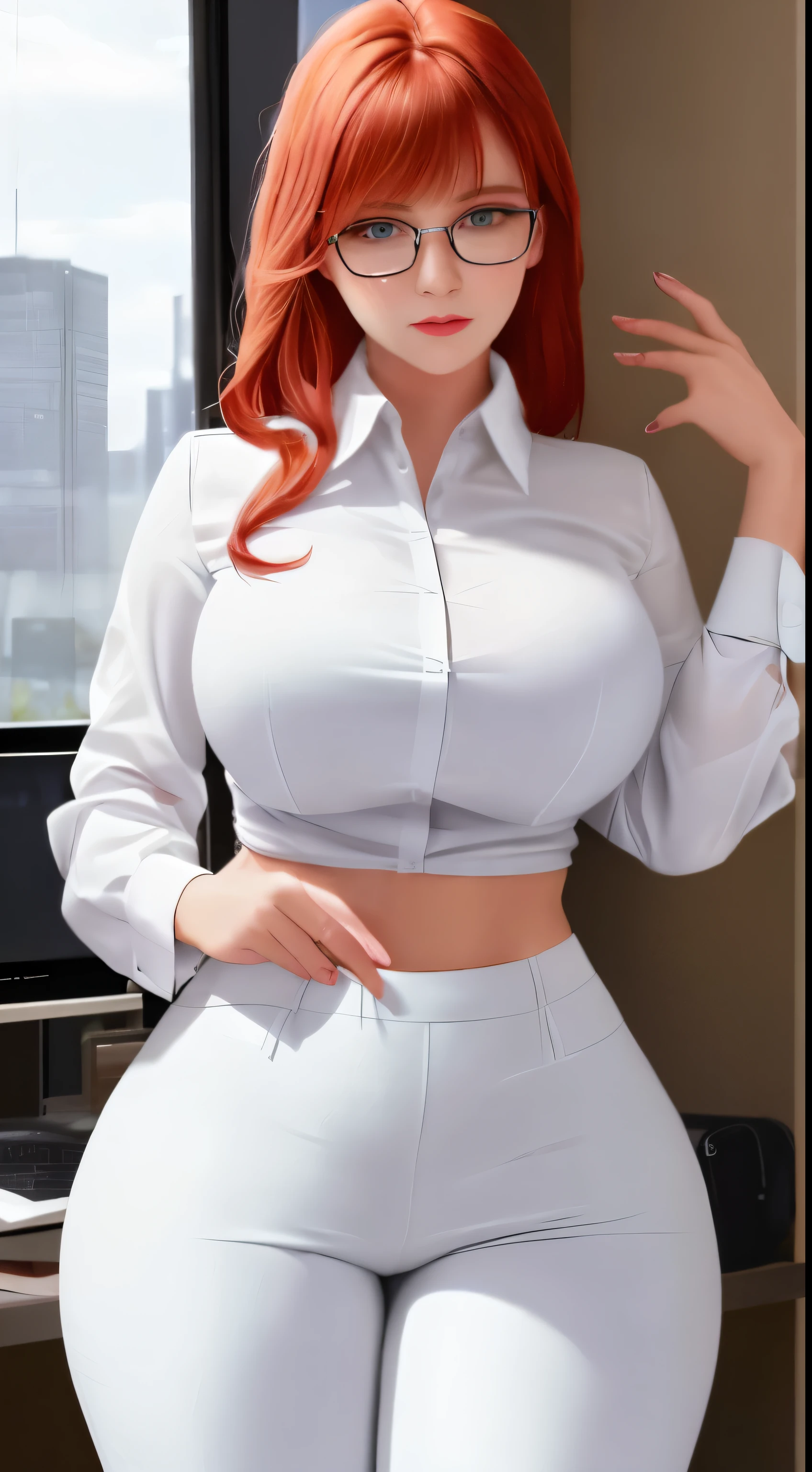 (masterpiece, best quality), 8k, ultra-detailed, realistic photo, detailed face, perfect illumination, beautiful eyes, bright ginger hair, bright hair, beautiful legs, side photo, beautifull, cute, skin pores, 1girl, standind in office, hiking, office pants, perfect shirt, full dressed, beautyful women 20 years, beautiful proportions, russian woman, caucasian, european, businesslady, stunningly beautiful woman, milf, thick legs, big chest, (thin white shirt:1.4), thick, hot, (white office clothes:1.4), skinny pants, (wide hips:1.2), thick, (white office pants:1.3), spread legs, legs open, in full growth, wide hips, glasses