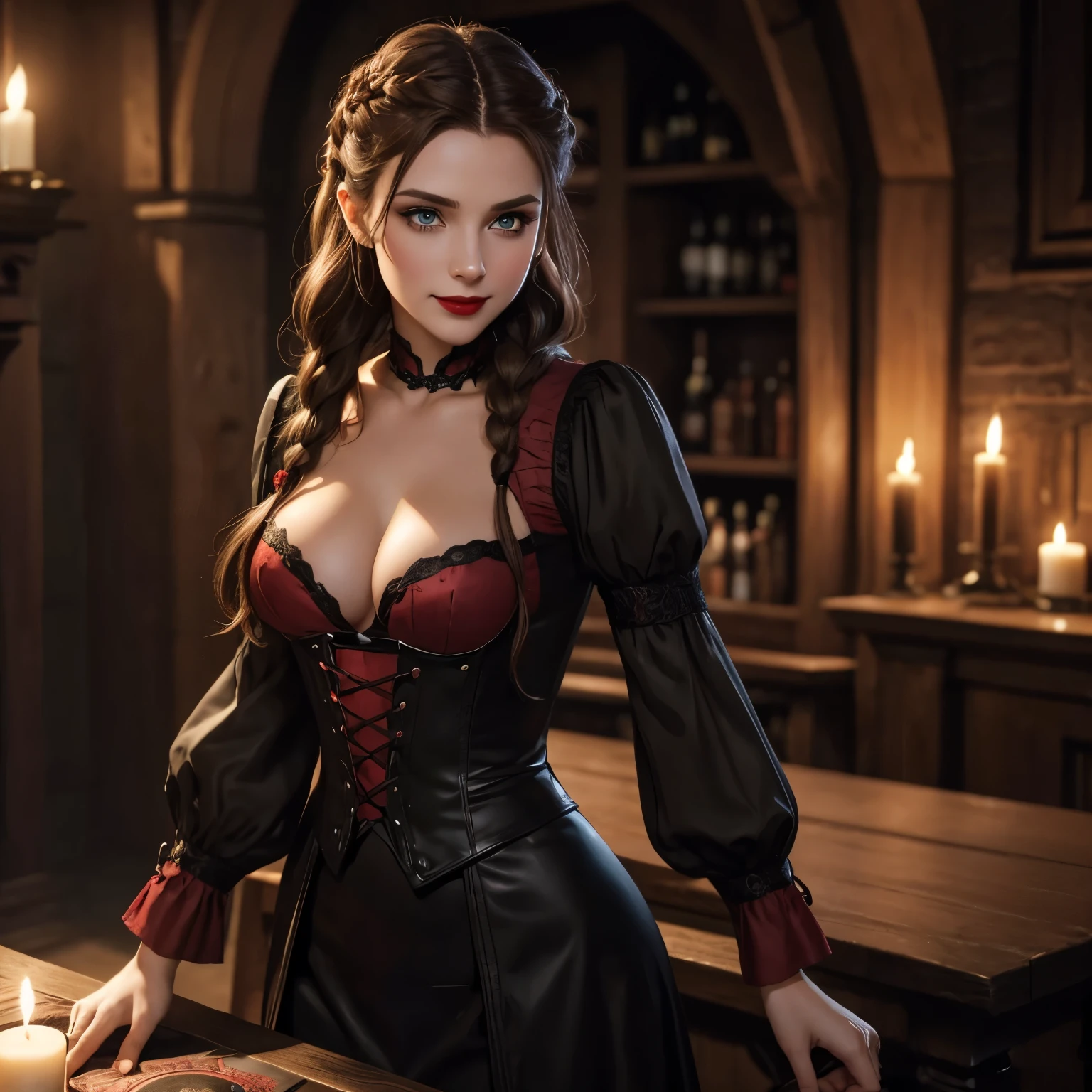 rpg character, vampire, 25 years old gorgeous woman singing in a gothic tavern, medium breasts, noble, rich, (light brown hair, straked hair, french braid), (green eyes, shadow eye makeup, imposing look, seductive look, blush), (clear skin, turn pale), small nose, (full mouth, seductive smile, red lipstick), (15th century clothes, black and red clothes), torso and head image