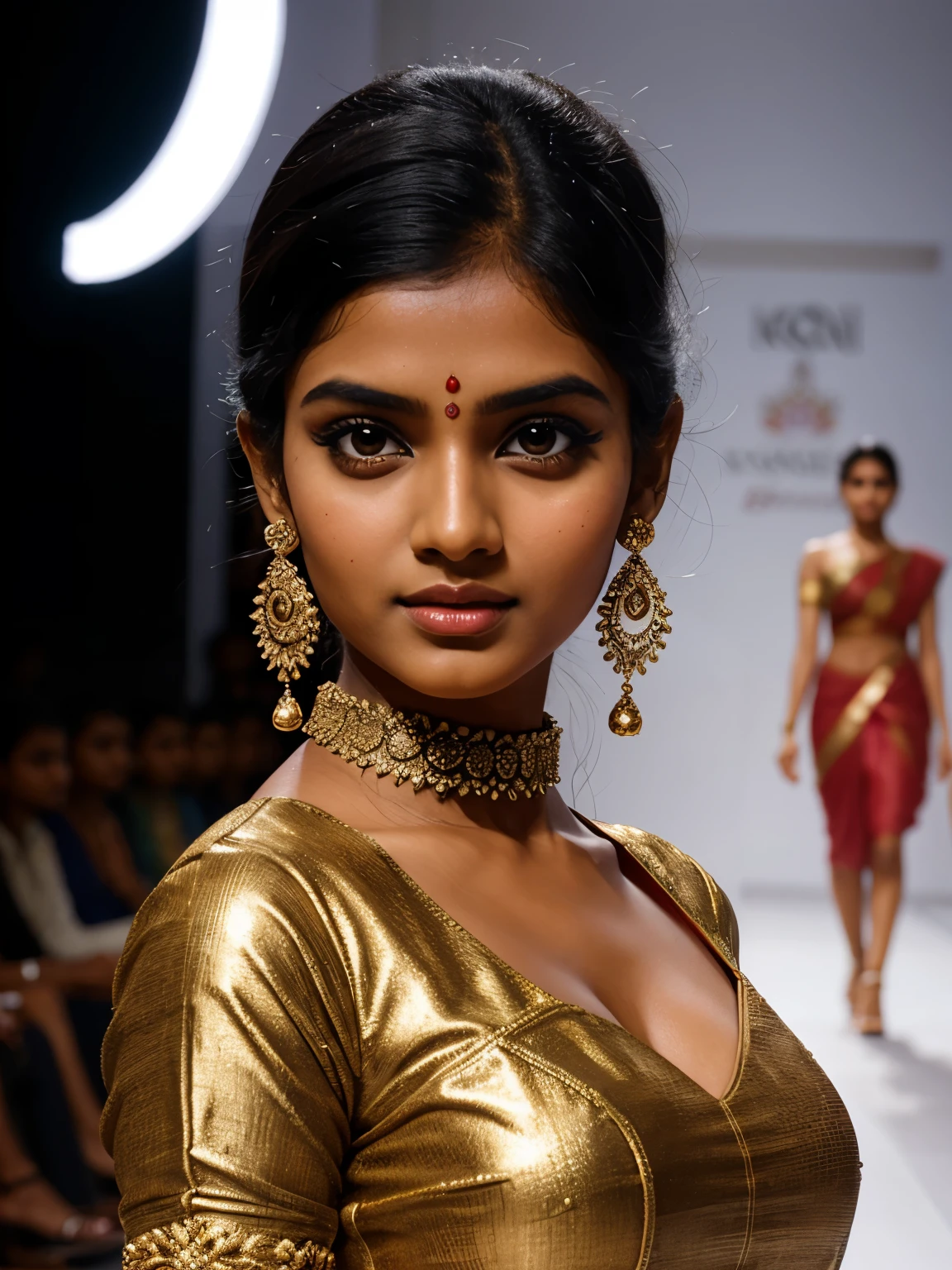 Tamil girl, wearing polyethene dress, glass high heels, walking on the ramp, fashion show, maximize objects, beautiful intricate face detailing, eyes symmetry, face symmetry, HDR, hyper realistic, yocto-pixel detailing, yotta-pixel image