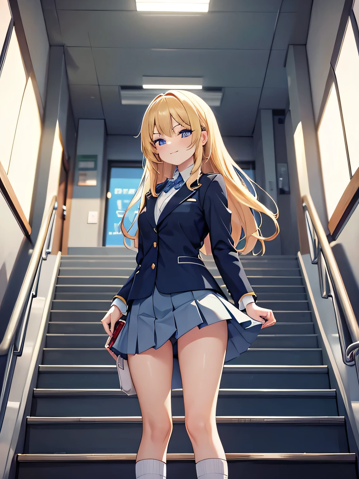 (1) Composition looking from below at a woman climbing the stairs.
(2) women's skirts are short、Blue lace panties are almost visible.
(3) That woman is a high school student, She is wearing a uniform of a blazer, miniskirt, and loose socks..
(4) woman has long blonde hair.
(5) The woman's expression is looking back with a grin on her face..
(6) Women wear gal makeup because they are gals..
(7) The location is the stairs of the station.