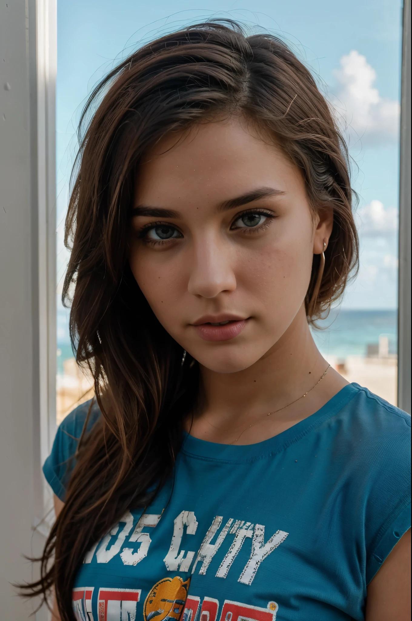 photo of (emikin:0.99), a woman as a sexy TikTok influencer, ocean hair, ocean eyes, angry, modelshoot style, (extremely detailed CG unity 8k wallpaper), photo of the most beautiful artwork in the world, professional majestic (photography by Steve McCurry), 8k uhd, dslr, soft lighting, high quality, film grain, Fujifilm XT3 sharp focus, f 5.6, High Detail, Sharp focus, dramatic, (wearing a punk t-shirt), (looking at viewer:1.2), (detailed pupils:1.3), (natural light), (closeup:1.2), (seductive)
