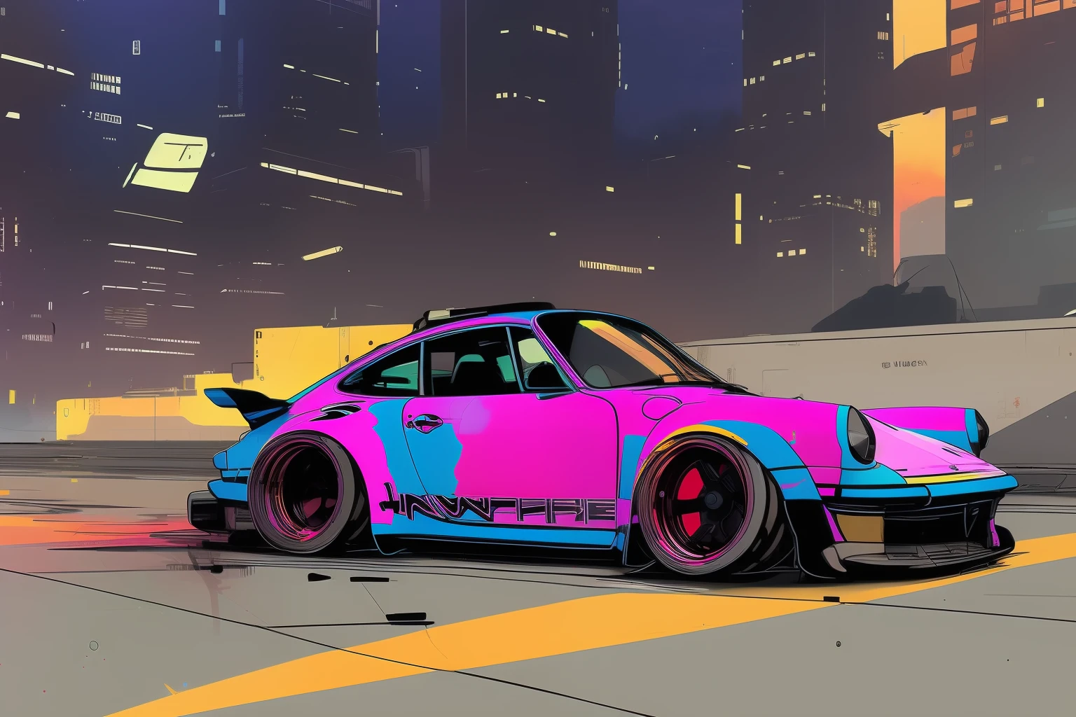 nvinkpunk, painting of a city with a Porsche 911 rwb rotting,wide bodykit, high quality,