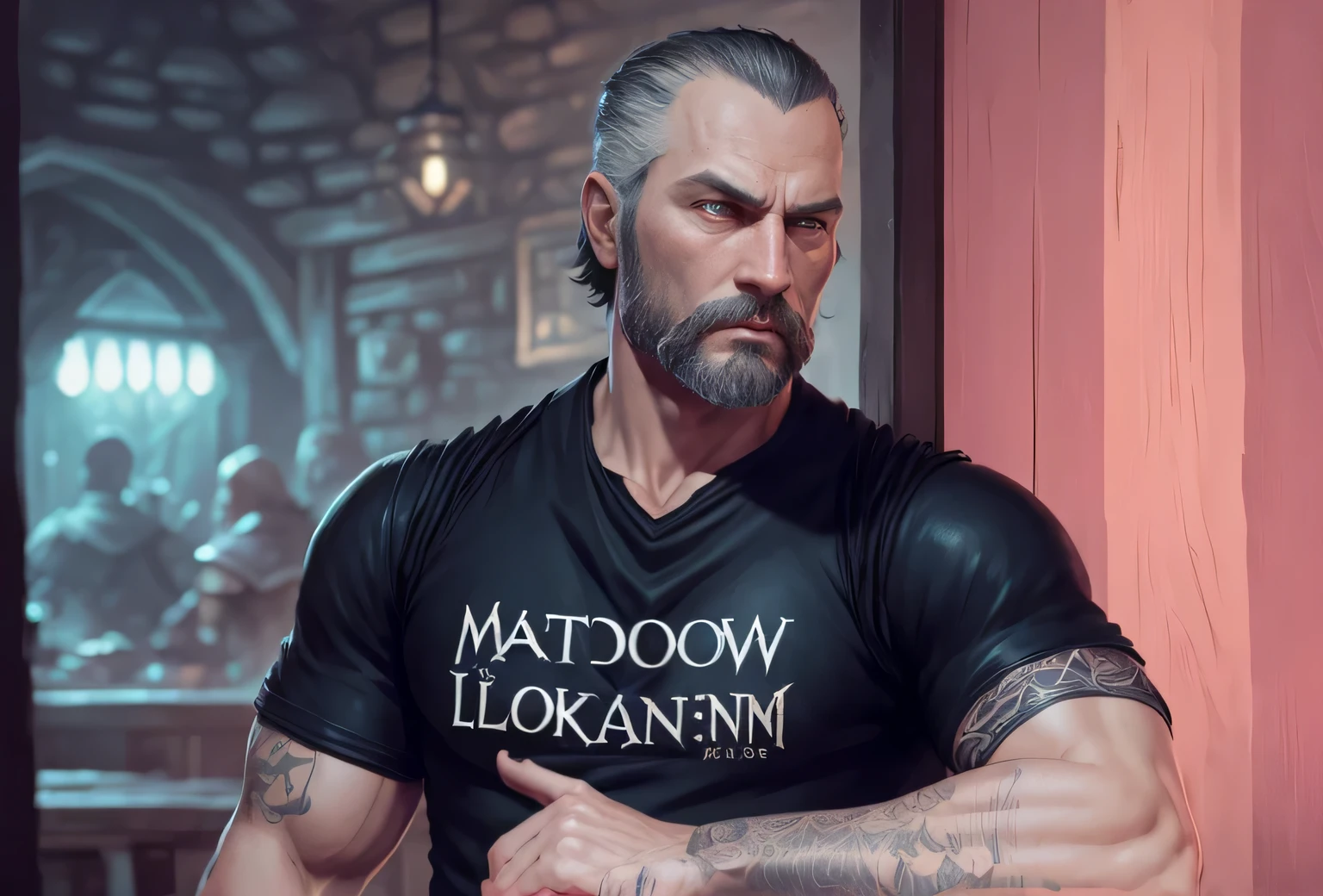 Serious man, Backgound escuro, estilo RPG, High definition, detalhe, Taberna, com pouco cabelo, cabelo curto