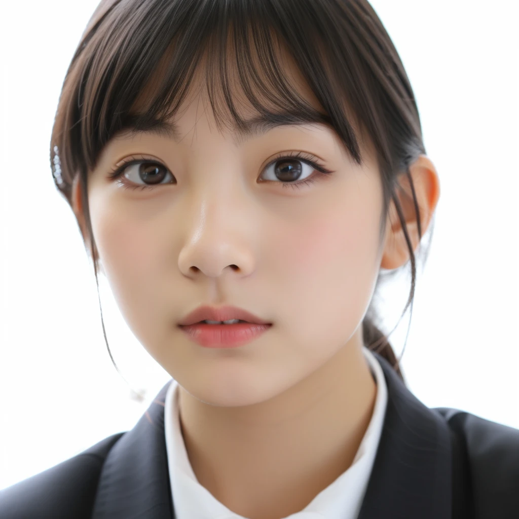 Cute Japanese girl, dark hair, dark eyes, pretty lips, white skin, school uniform, regretful expression,