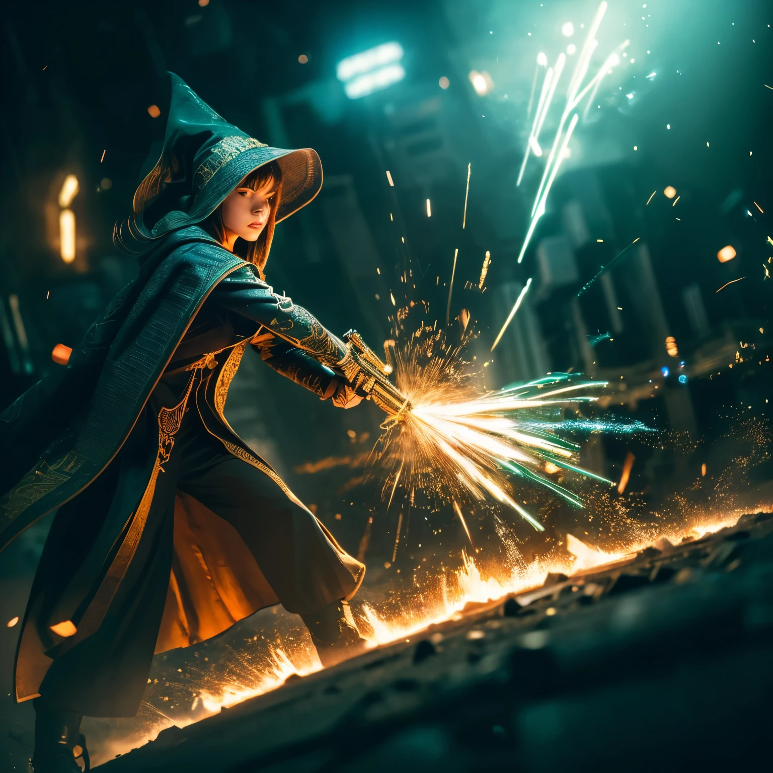 (Highly detailed 8K wallpaper), Medium shot of Loline Necromancer, particle lighting, high detail, dramatic, Gatling gun in hand, pretty background, Wearing a wizard's hat, Top weapon in the background removed