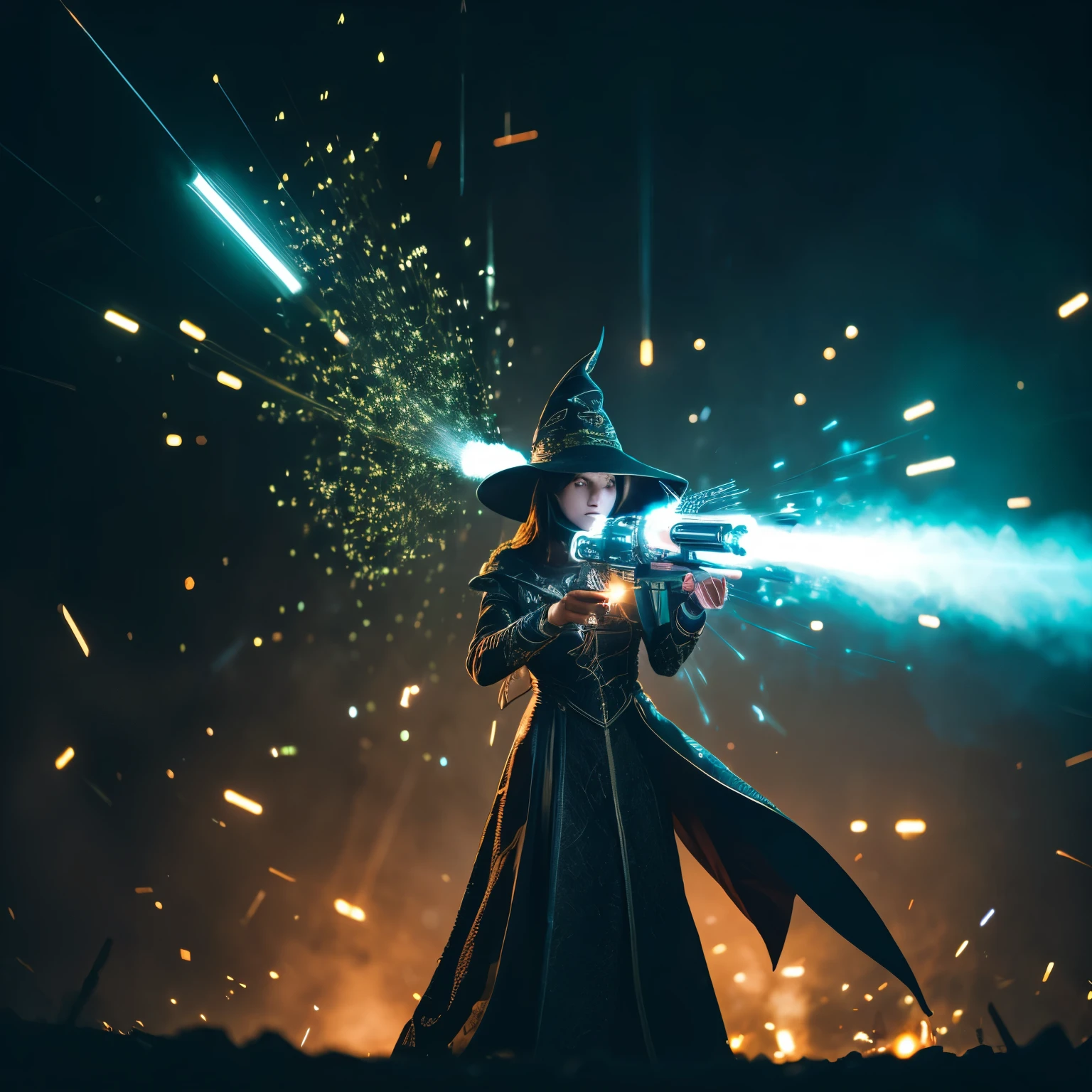 (Highly detailed 8K wallpaper), Medium shot of ne Necromancer, particle lighting, high detail, dramatic, Gatling gun in hand, pretty background, Wearing a wizard's hat, Top weapon in the background removed
