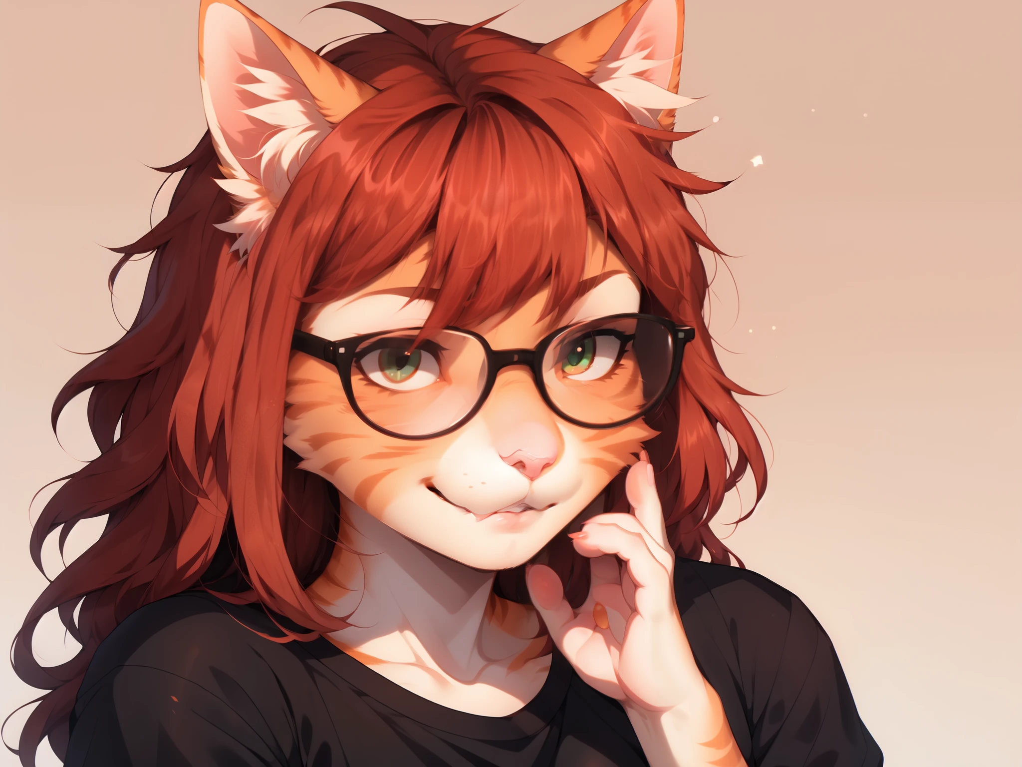 By fumiko, by hyattlen, by hioshiru, Sam, orange tabby cat, green eyes, long red hair, cute cat about, pink nose, naked, small breasts, wearing black shirt, big round glasses, bashful smile, looking embarrassed, looking away, feline teeth, adjusting her glasses with a hand, close up portrait