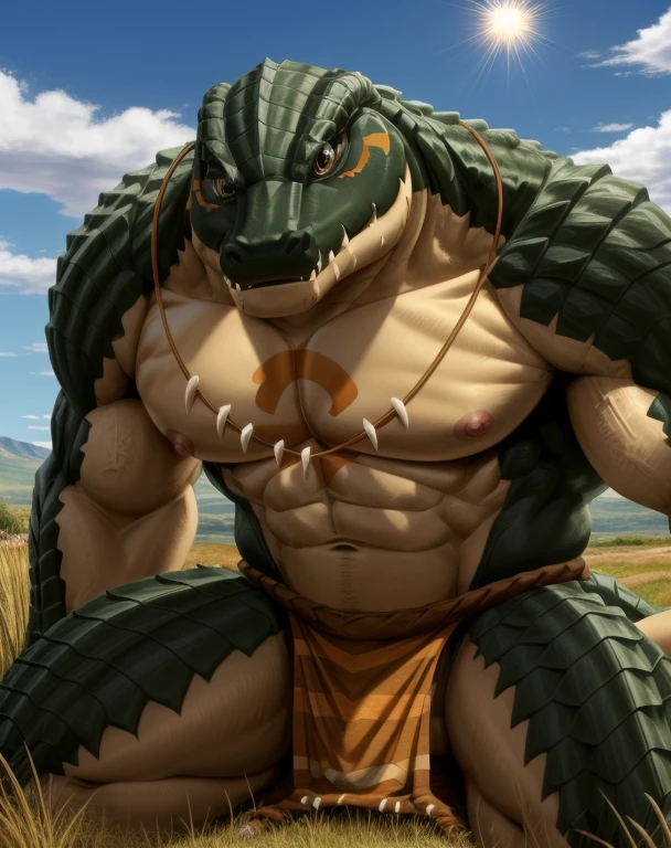 Yam Bolu Gugu, alone,crawler, male, ,Chest markings, Crocodile,aldult,alone,4K,best quality,,looking at the audience,chest muscles,pink nipples, Six-pack abs, broad shoulders, biceps, anatomically correct,,pride,soft shadow,Majestic detailed face,High quality eyes,brown eyes,black pupils,Grandiose,brave,,Confident smile,Strong,mature,Loincloth,Blue sky and white clouds,The sun shines,grassland background