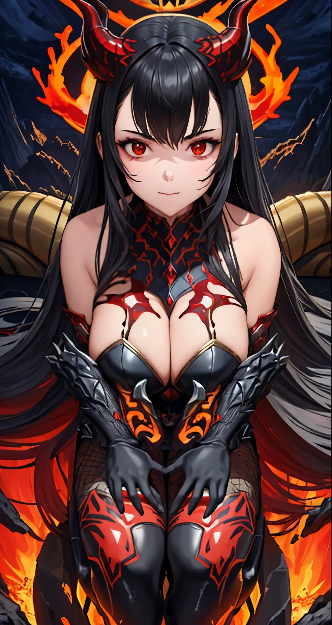 ((best quality)), ((masterpiece)), (detailed), perfect face, 1girl, solo, black and red armour, horns, ashes, molten lava, fire breath, large breasts, black legwear