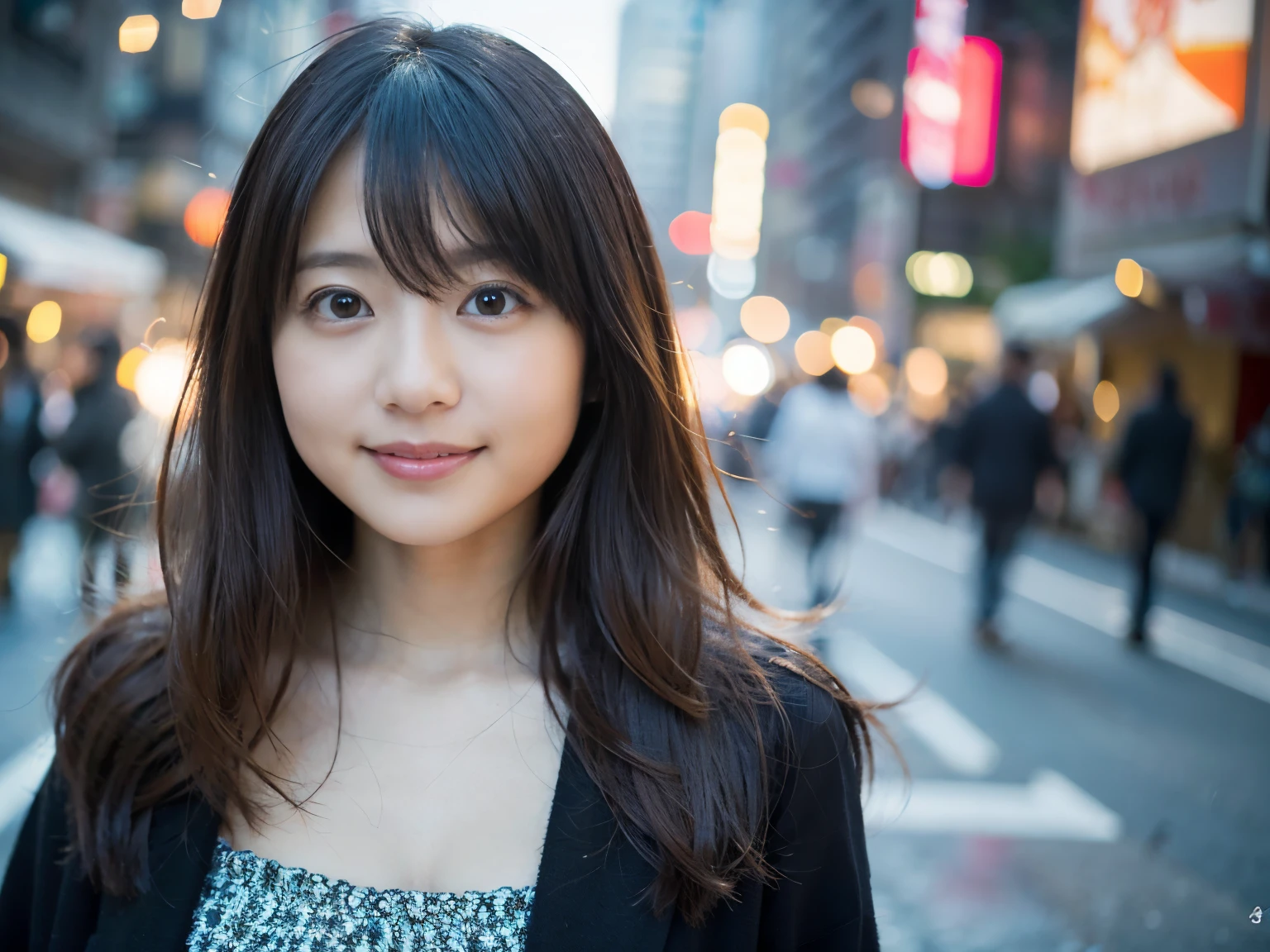 女の子1人、on tokyo street、A city scape、The upper part of the body、a closeup、A smile、、(8K、Raw photography、top-quality、masterpiece:1.2)、(realisitic、photoRealstic:1.37)、Highly detailed eyelash drawing、(((Top image quality))),small tit、Fine skin, (Beautiful hair), (Perfect Anatomy), (Realistic), (Dynamic Angle), Pose Seductive,Perfect,Sensual look、top-quality、hight resolution、Happy smile、実写、リアル