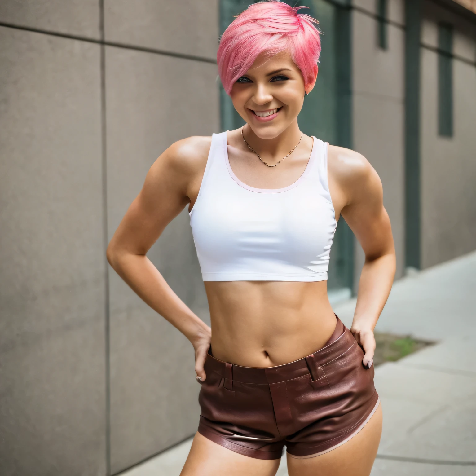 a smiling woman with a short pink hair, in a white tank top and brown leather shorts, wearing tight simple clothes, tight outfit, tight attire, sexy girl, sexy look, sexy outfit, very sexy outfit, wearing tight shirt, wearing a cute top, attractive girl, leather top, sexy style, sexy girl wearing shorts, wearing a sexy cropped top, short pink hair goddess, tight shirt, leather, gorgeous woman