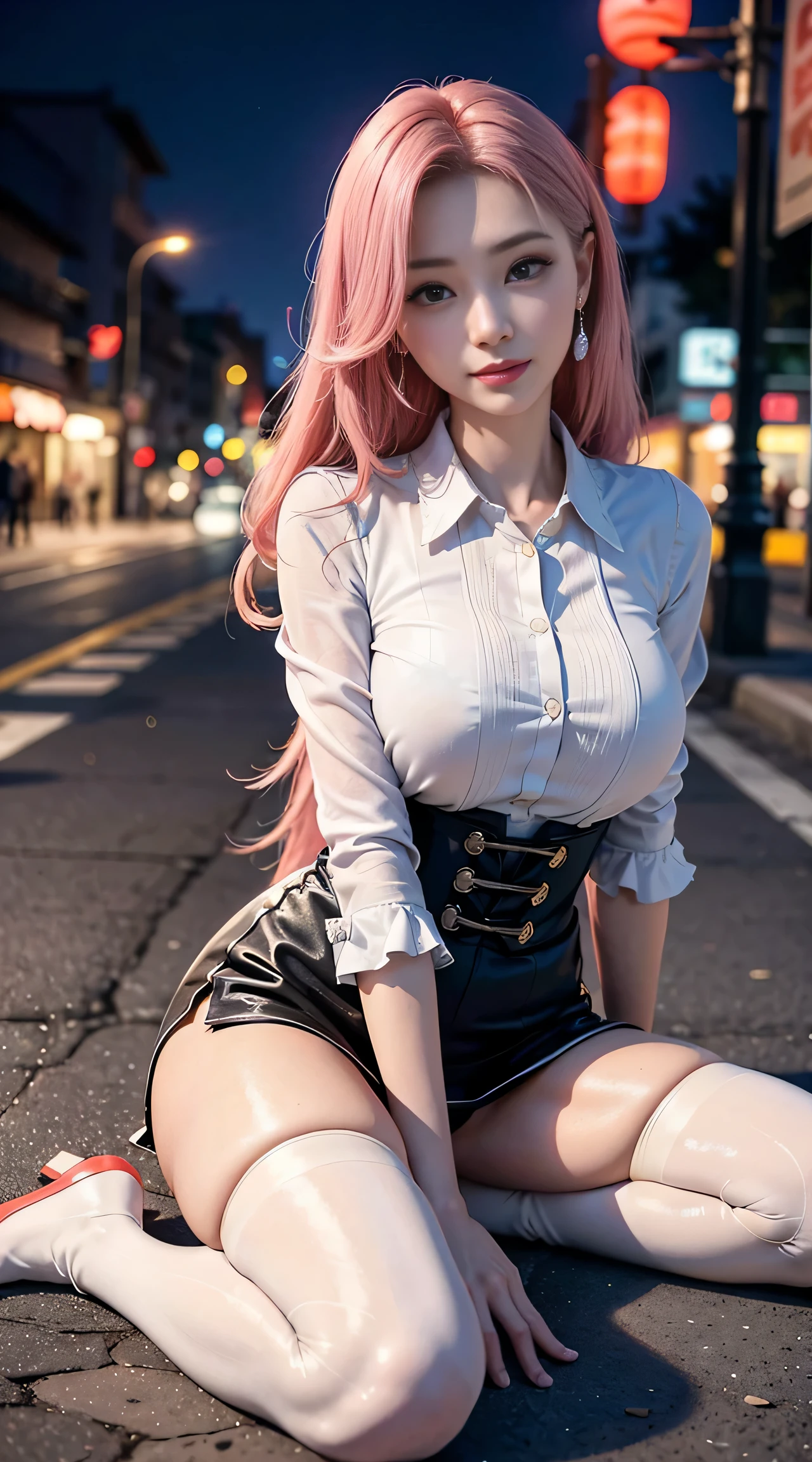(8k, RAW photo, best quality, masterpiece:1.2), (realistic:1.3), (photorealistic:1.3), ultra-detailed, (high detailed skin:1.2), 8k uhd, dslr, soft lighting, high quality, film grain, Fujifilm XT3, best quality, beautiful lighting, beautiful business woman, pink long hair, walking and looking to the distant, looking away from viewer, tight mini skirt, black leather skirt, high heels, tie, thick thighs, open shirt, open white shirt, white shirt, show cleavage, sexy legs, beautiful legs, shinny legs, elegant legs, elegant woman, beautiful eyes, pink contacts, sexy cleavage,