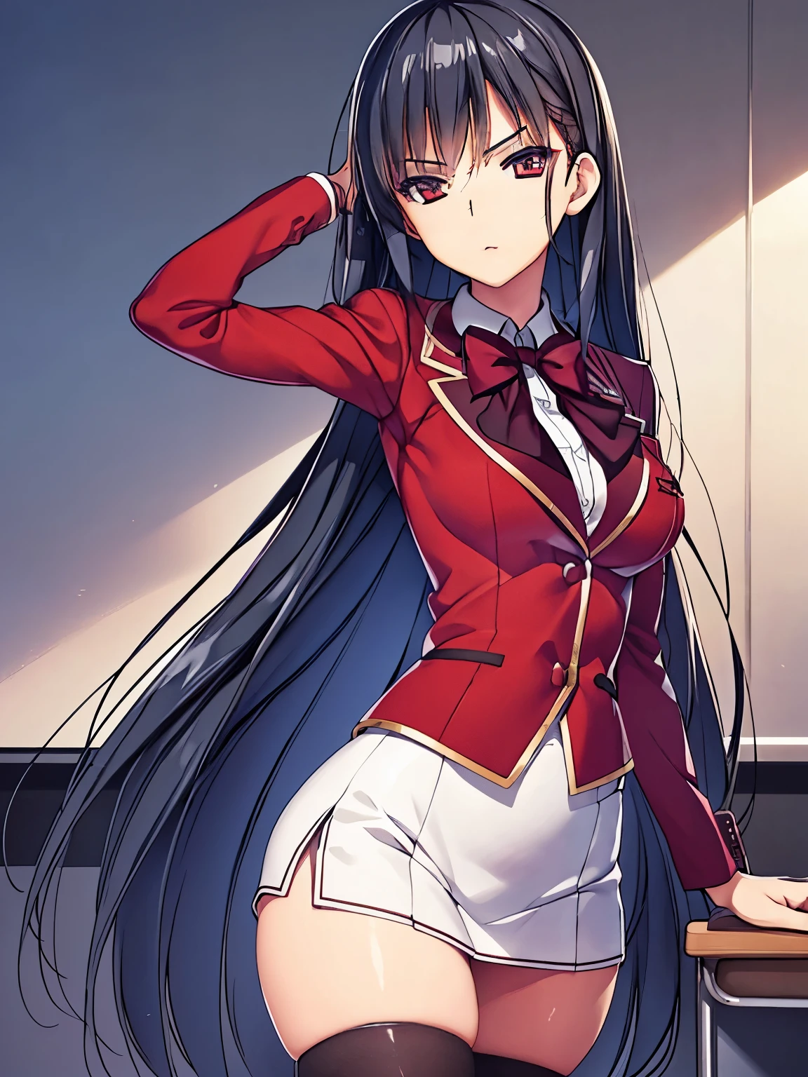 a woman in red school uniform,black hair, red eyes, classroom
masterpeace, best quality, (extremely detailed CG:1.4), highly detailed faces