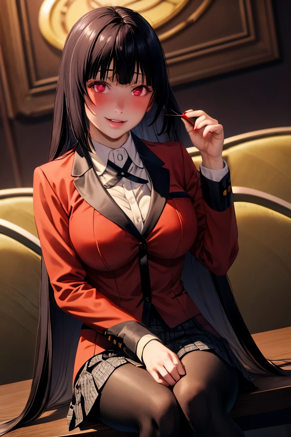 masterpiece, best quality, highres, hmjy1, long hair, blunt bangs, school uniform, red jacket, black pantyhose, white shirt, black ribbon, pleated skirt, long sleeves, cowboy shot, glowing eyes, blush, evil smile, sitting, classroom, dark background, crossed legs,