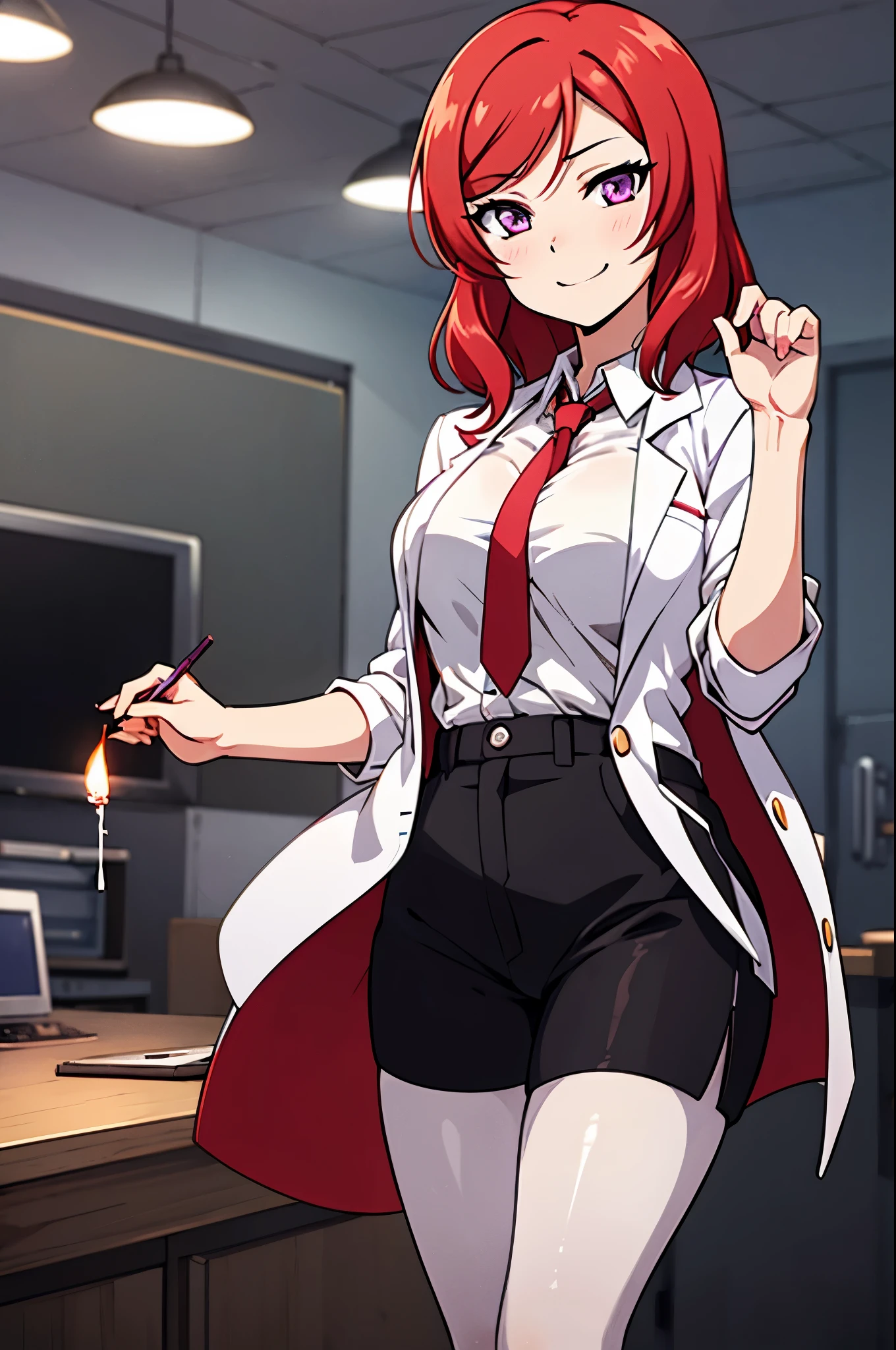 Nishikino maki, red hair,Purple eyes, big breasts, bangs,white shirt, short black shorts, dark brown pantyhose, necktie, opened lab coat, slightly smile, standing, dark room lightened by candlelight