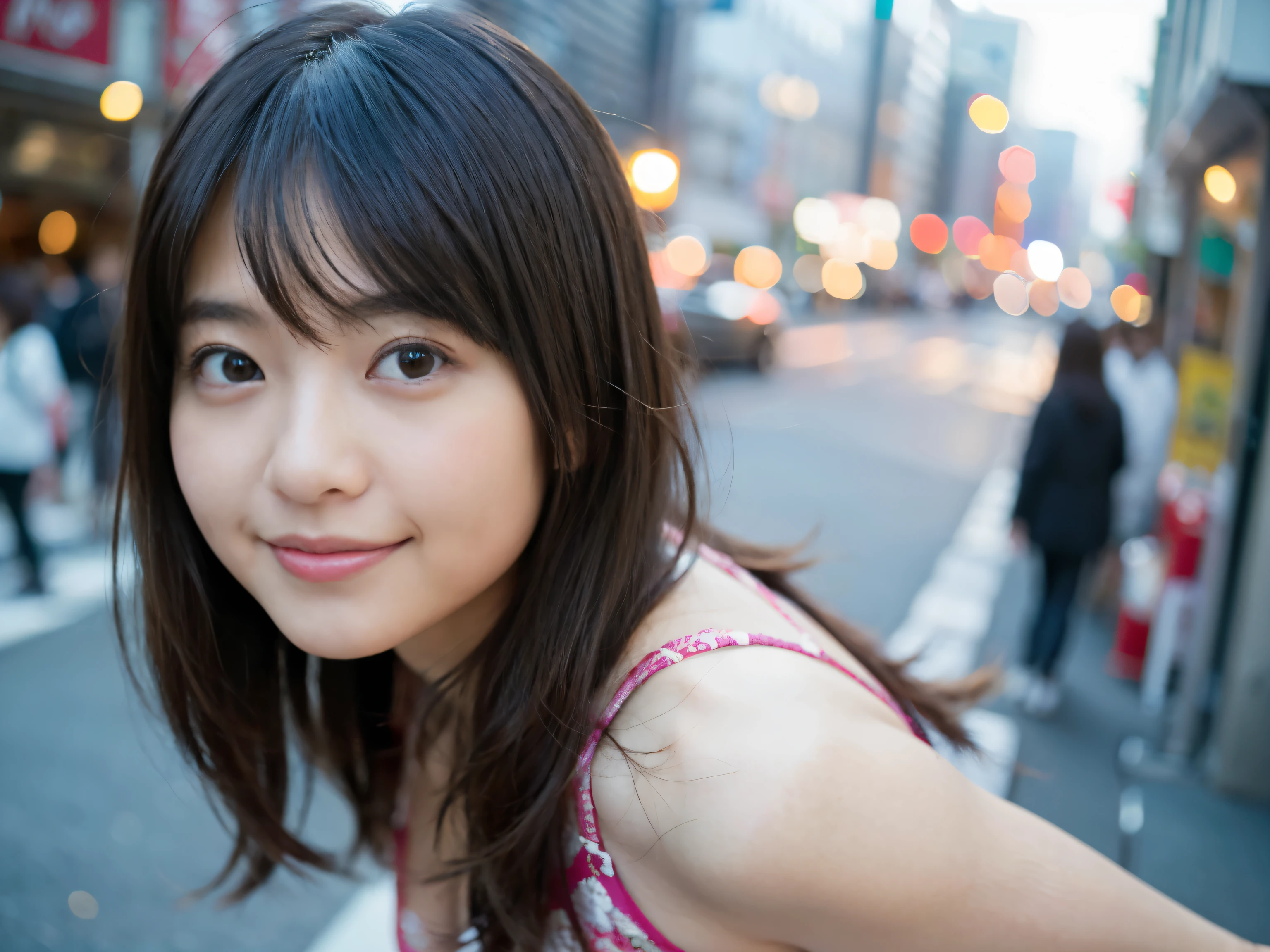1 girl、Tokyo street、cityscape、Upper body、Close-up、laughter、、(8K、Raw photo、highest quality、masterpiece:1.2)、(realistic、photo realistic:1.37)、Highly detailed eyelash drawing、(((best image quality))),small tit、fine skin, (beautiful hair), (perfection Anatomy), (realistic), (dynamic angle), seductive pose,perfection,sensual look、highest quality、High resolution、smile
