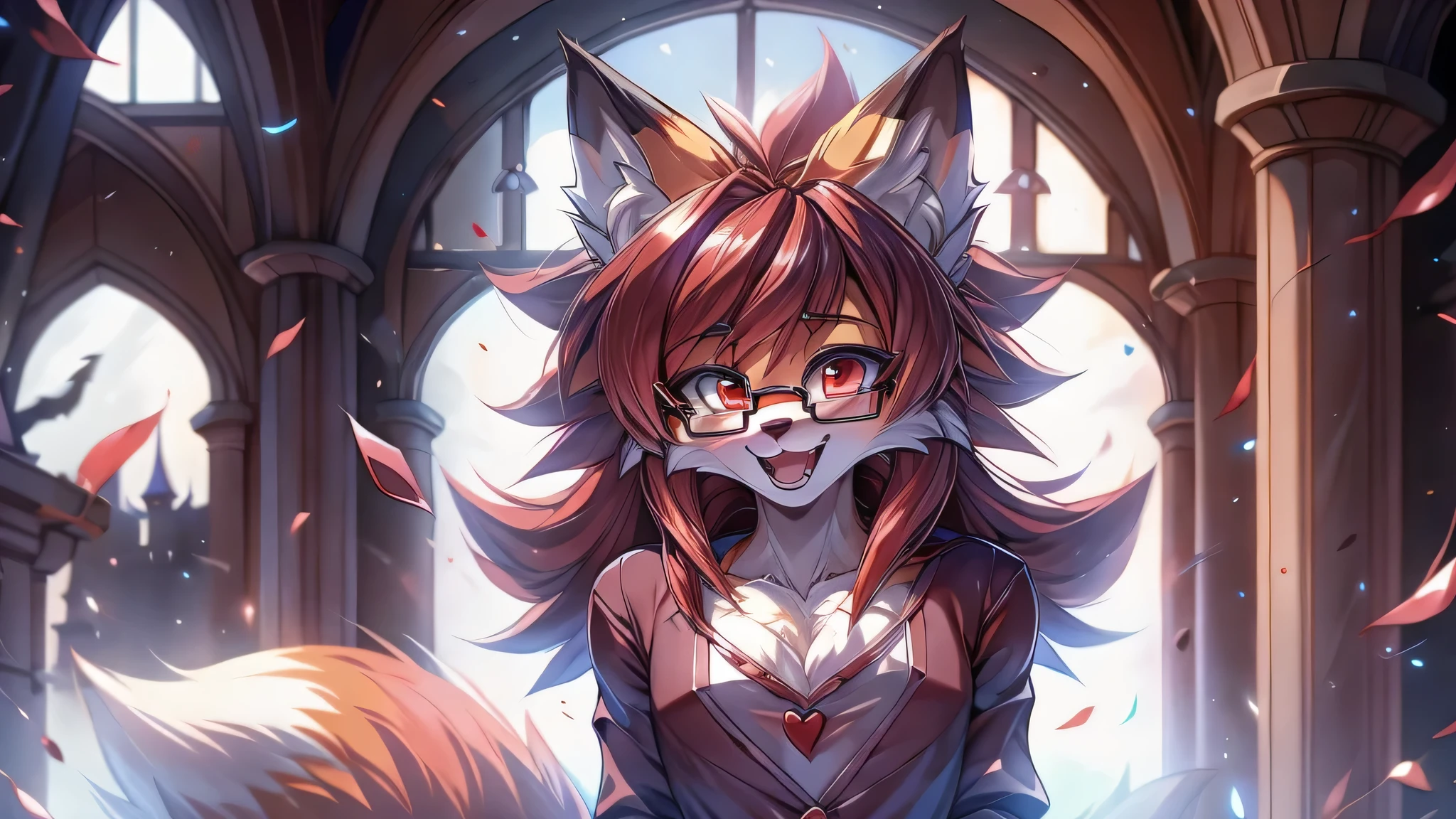1solo, fox furry girl with medium length dark red hair, fluffy hair shy, beautiful red eyes, wearing glasses,  very  fluffy tail, , bow on chest, 17 years old , very young body, flat chest,  innocent , pure feminine girl, wearing  futuristic clothing, blushing, confused, tilted head, smiling with open mouth and  teeth, happy,  being adorable, good mood, in a spooky castle, standing, brave ,super cute princess