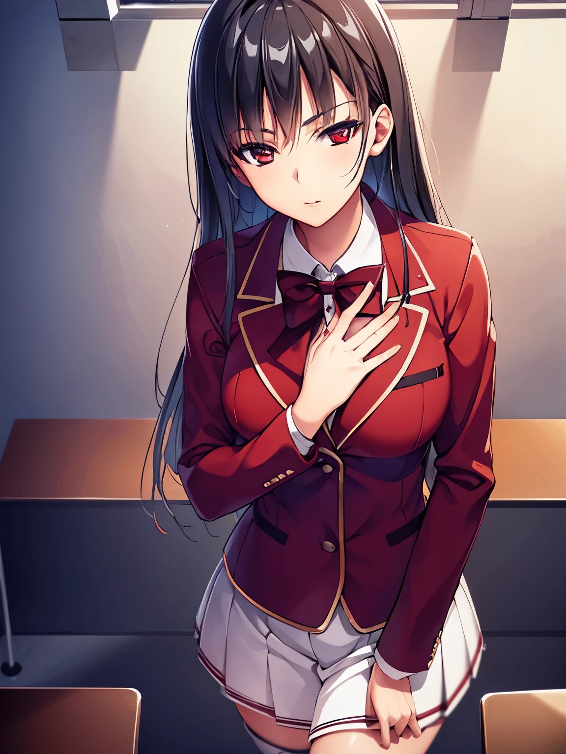 a woman in red school uniform,black hair, red eyes, classroom
masterpeace, best quality, (extremely detailed CG:1.4), highly detailed faces