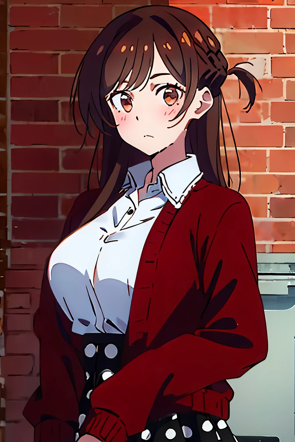 chizuru, 1girl, solo, long_hair, breasts, looking_at_viewer, blush, bangs, skirt, large_breasts, brown_hair, shirt, long_sleeves, brown_eyes, medium_breasts, closed_mouth, jacket, white_shirt, upper_body, braid, open_clothes, collared_shirt, black_skirt, open_jacket, sleeves_past_wrists, dress_shirt, buttons, white_skirt, cardigan, polka_dot, red_jacket, french_braid, half_updo, high-waist_skirt, v_arms, open_cardigan, brick_wall, polka_dot_skirt