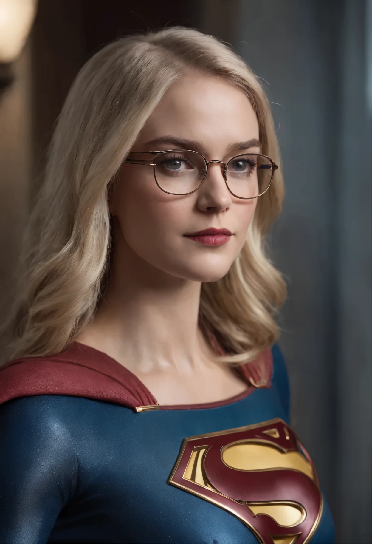 a woman in a costume resembling that of Supergirl, a character from the DC Comics universe. She is wearing glasses, has blonde hair, and the costume features the iconic 'S' shield emblem on the chest. The costume is designed in a contemporary style with metallic armor elements on the shoulders and waist. The background appears to be a cozy room with kitchen shelves. The image has a stylized, possibly digitally rendered look, which may suggest it is an artist's interpretation rather than a photograph.