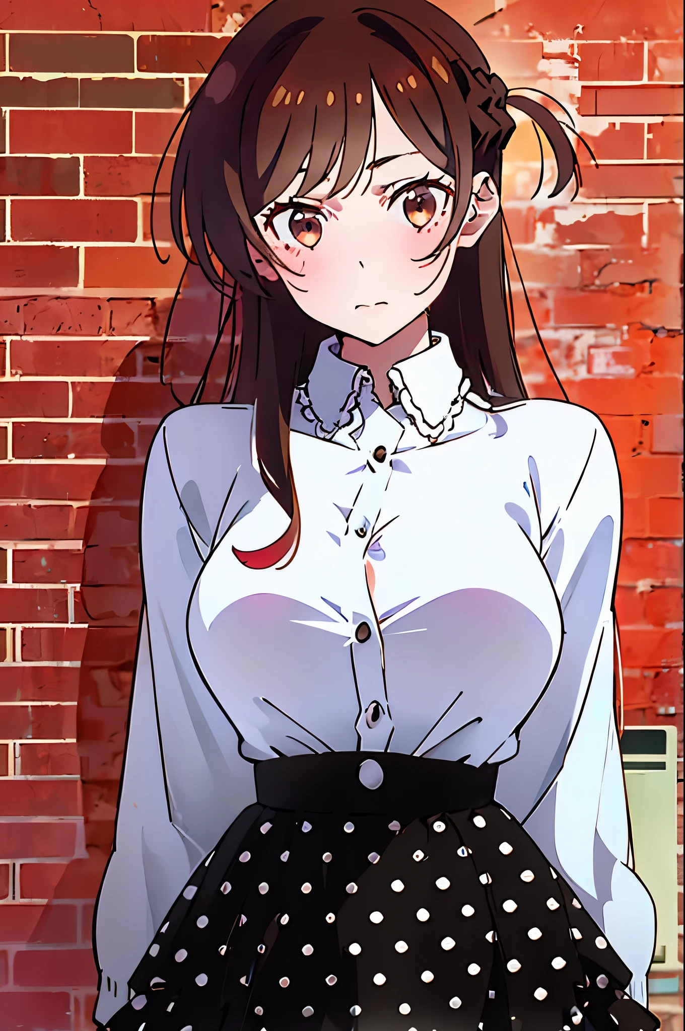 chizuru, 1girl, solo, long_hair, breasts, looking_at_viewer, blush, bangs, skirt, large_breasts, brown_hair, shirt, long_sleeves, brown_eyes, medium_breasts, closed_mouth, jacket, white_shirt, upper_body, braid, open_clothes, collared_shirt, black_skirt, open_jacket, sleeves_past_wrists, dress_shirt, buttons, white_skirt, cardigan, polka_dot, red_jacket, french_braid, half_updo, high-waist_skirt, v_arms, open_cardigan, brick_wall, polka_dot_skirt